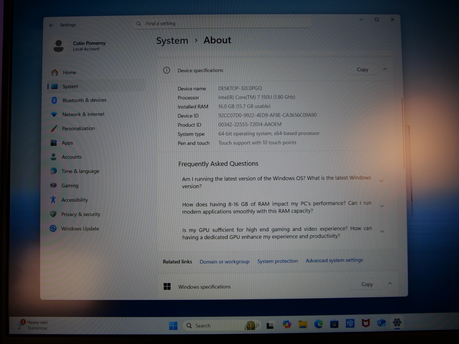 Dell 16 (DC16251) — 16″ FHD+ Touchscreen — Intel Core 7 150U / 16GB / 1TB SSD