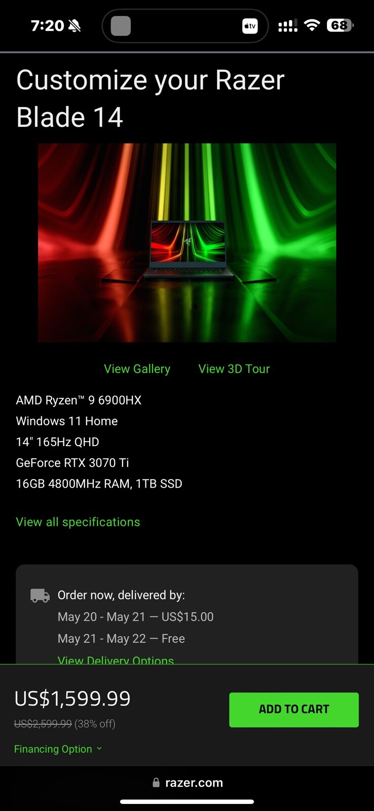 Razer Blade 14″ (1TB SSD, AMD Ryzen 9 6000 Series, 4.90 GHz, 16GB, GeForce…