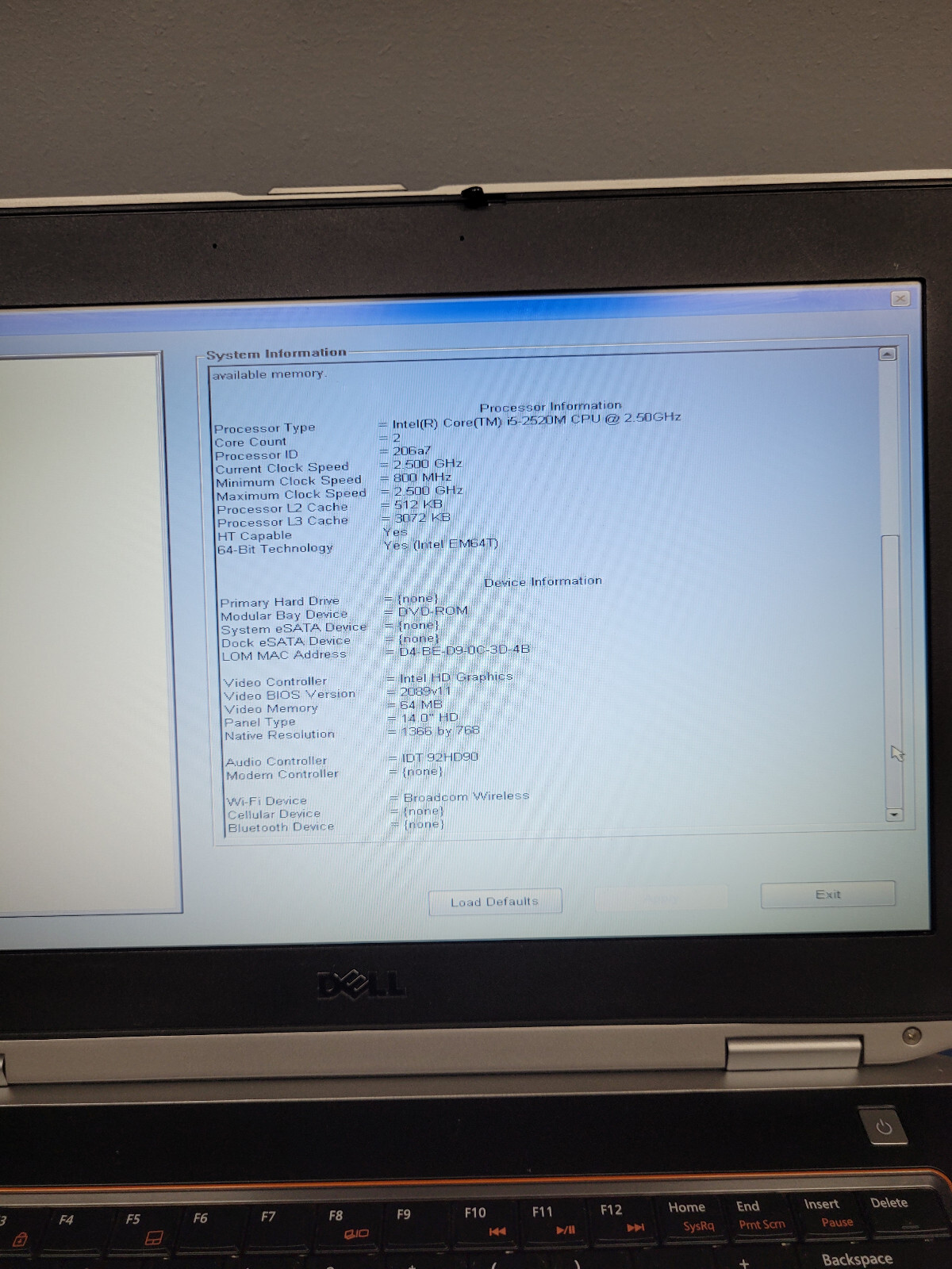 Dell Latitude E6420, Intel Core i5-2520m 2.50GHz 4 GB RAM NO HDD