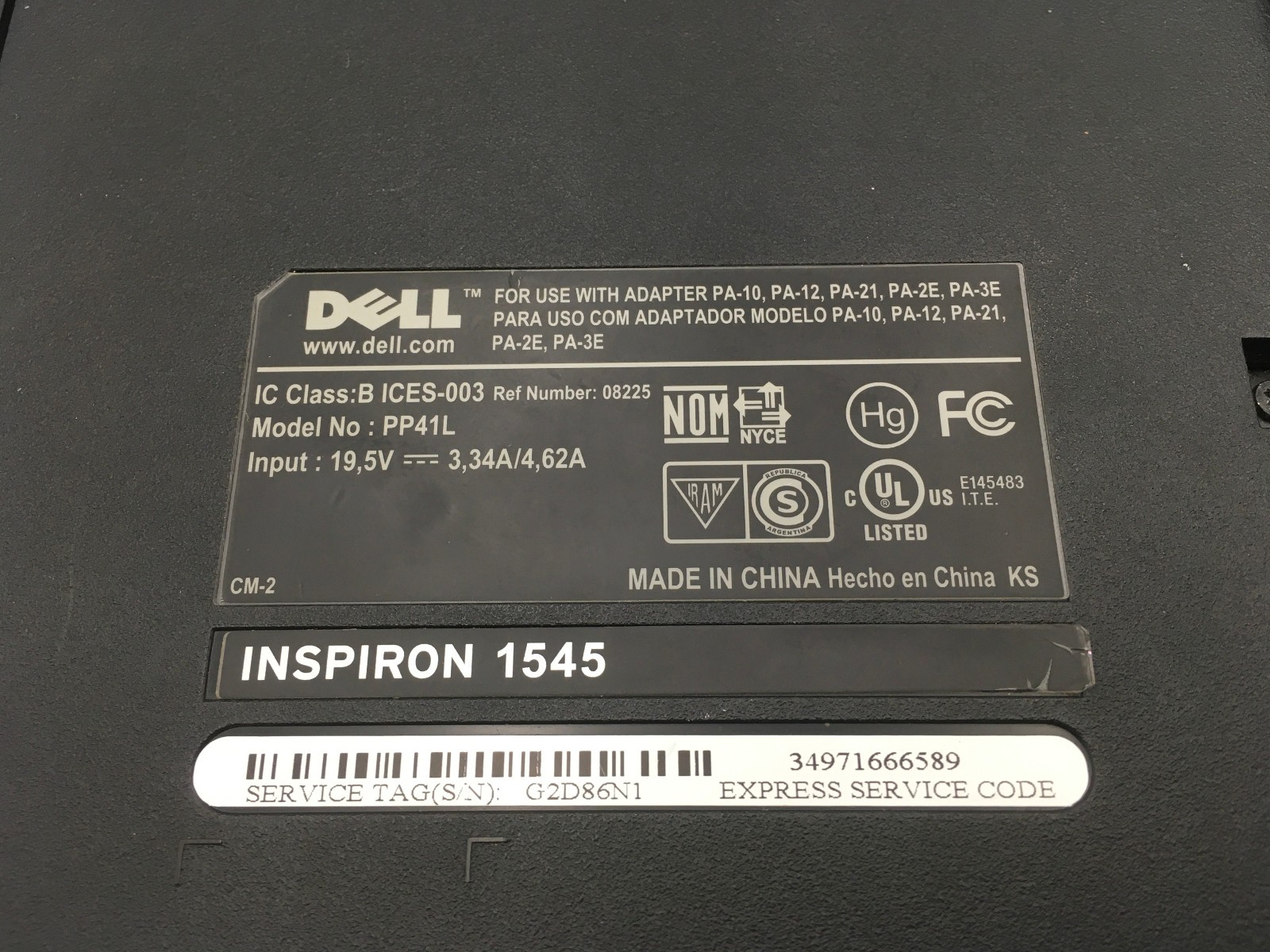 DELL INSPIRON 1545 – BOOTS TO BIOS – INTEL 2 DUO T6600 – 2GB RAM – READ DESC -BB