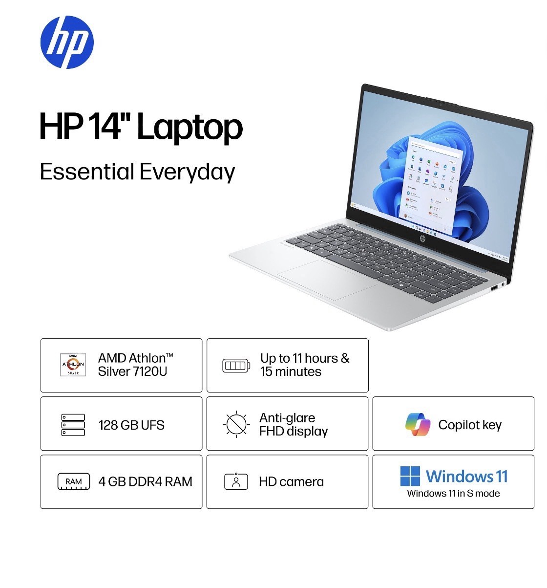 HP 14″ Laptop AMD Athlon Silver 7120U 4GB DDR4 RAM 128GB UFS Win11 Silver FHD