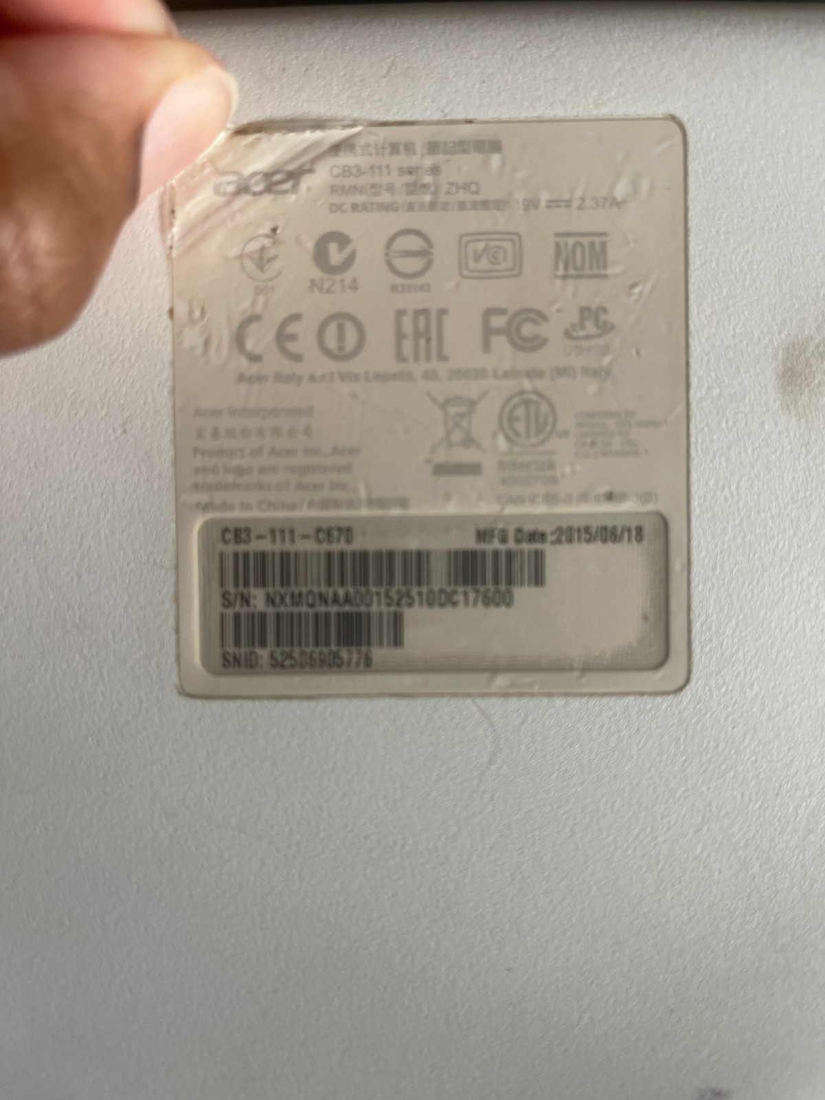 ACER CHROMEBOOK CB3-131 SERIES N15Q10 + CHARGER