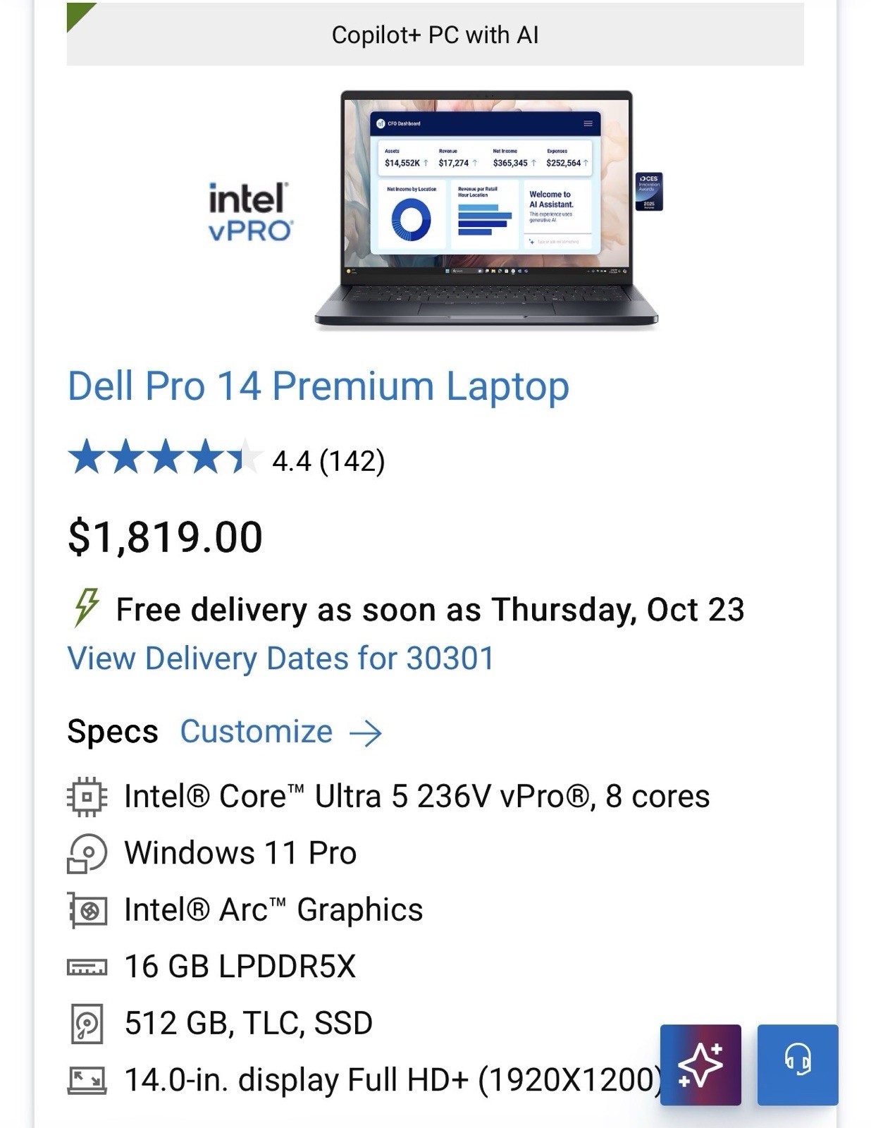 Dell Pro 14 Premium Laptop Intel Ultra 5 236V 512GB SSD 16GB RAM Win 11 Pro