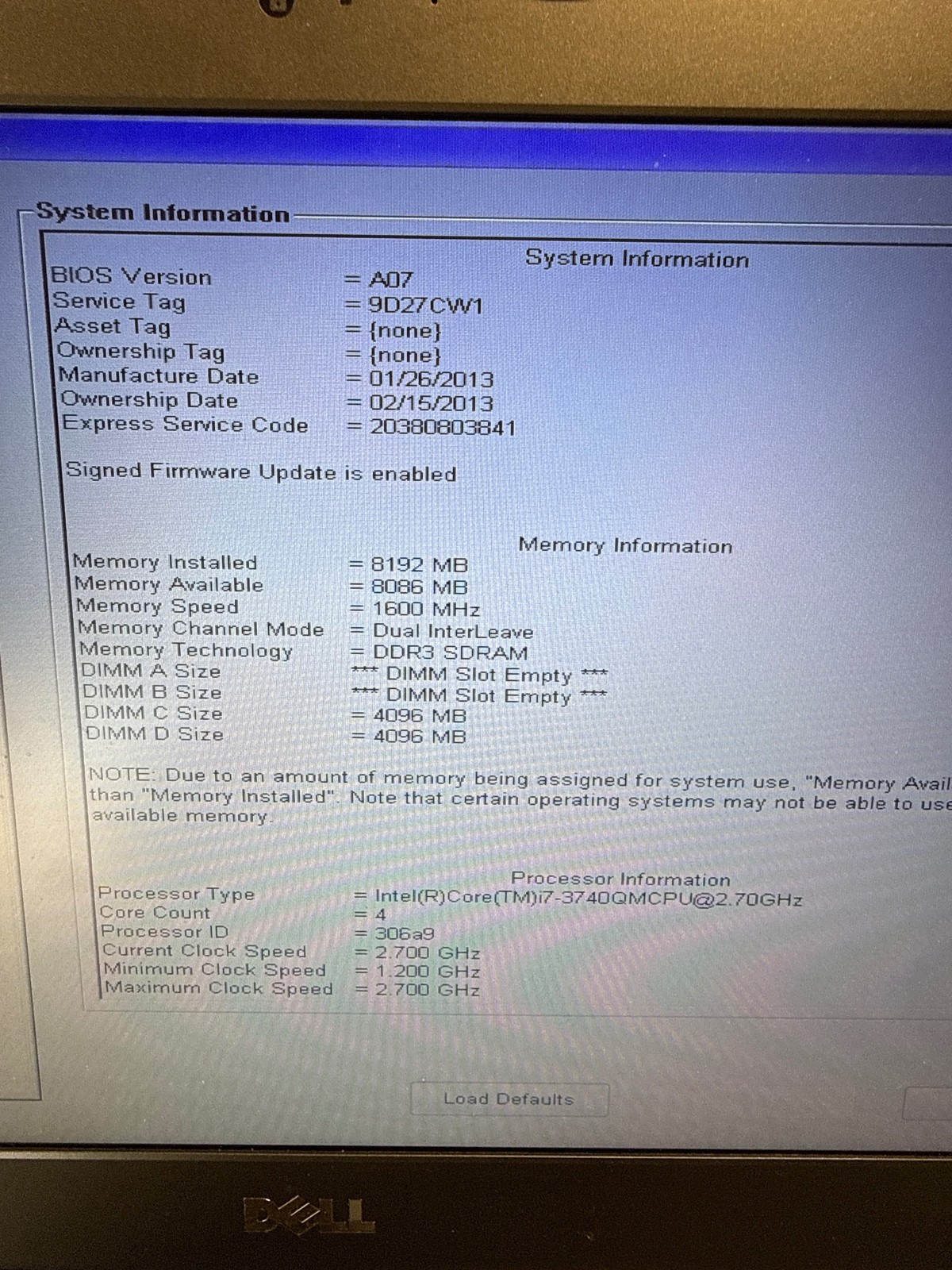 Dell Precision M4700 Intel Core i7-3740QM @ 2.70 GHz 8 GB No Drive 15.6″