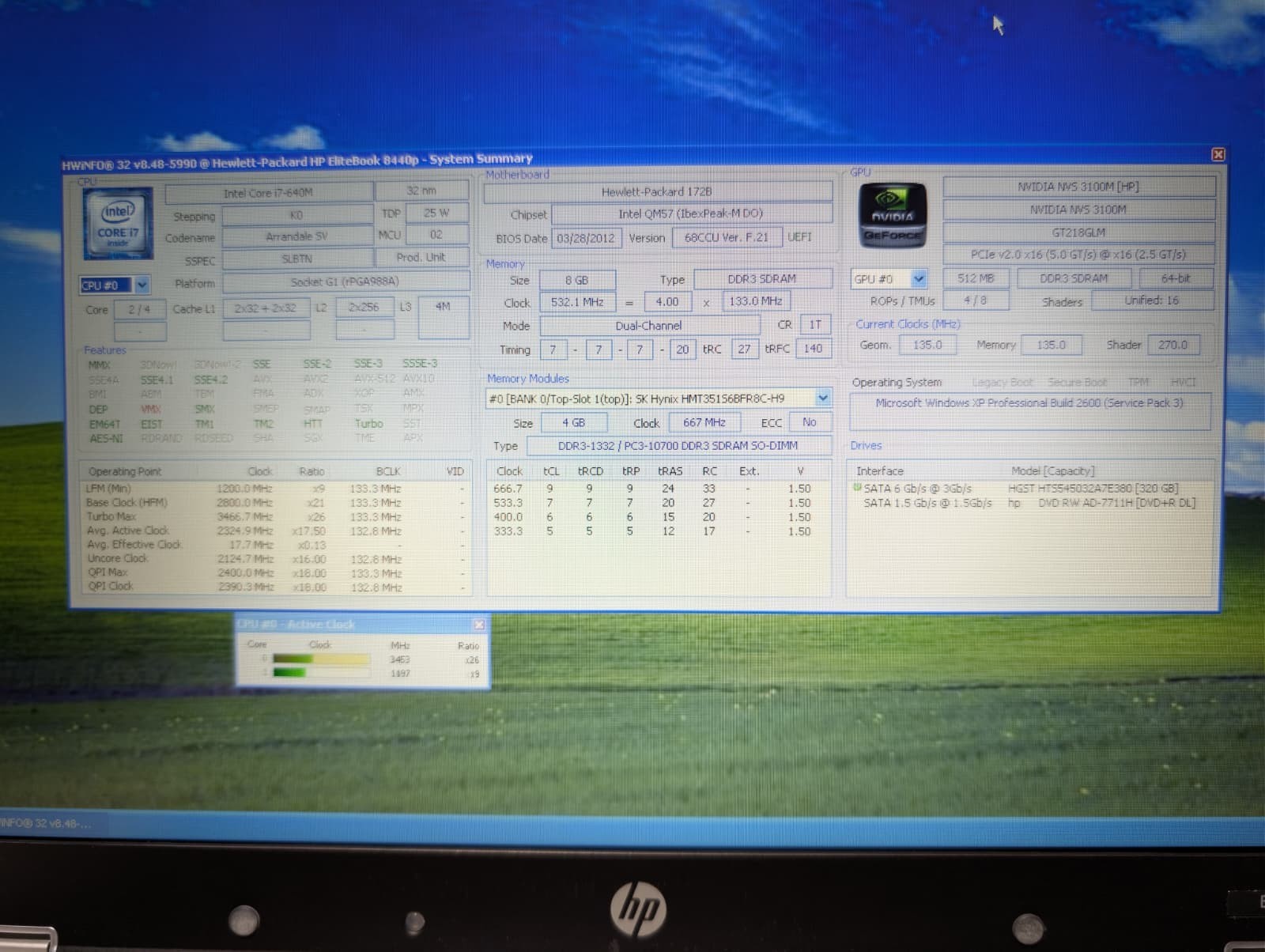 HP EliteBook 8440P | i7 4GB RAM 320GB HDD | HD+ NVIDIA Win XP Pro 32-Bit DVD-RW