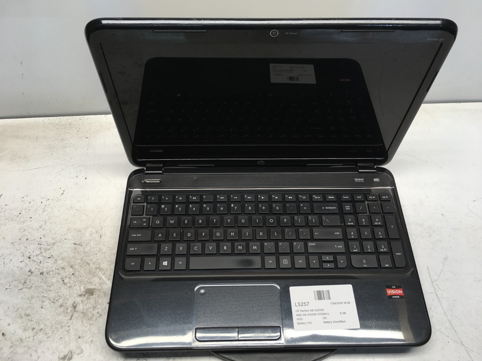 HP Pavilion G6-2231DX AMD A6-4400M 2700MHz 8 GB NO HDD