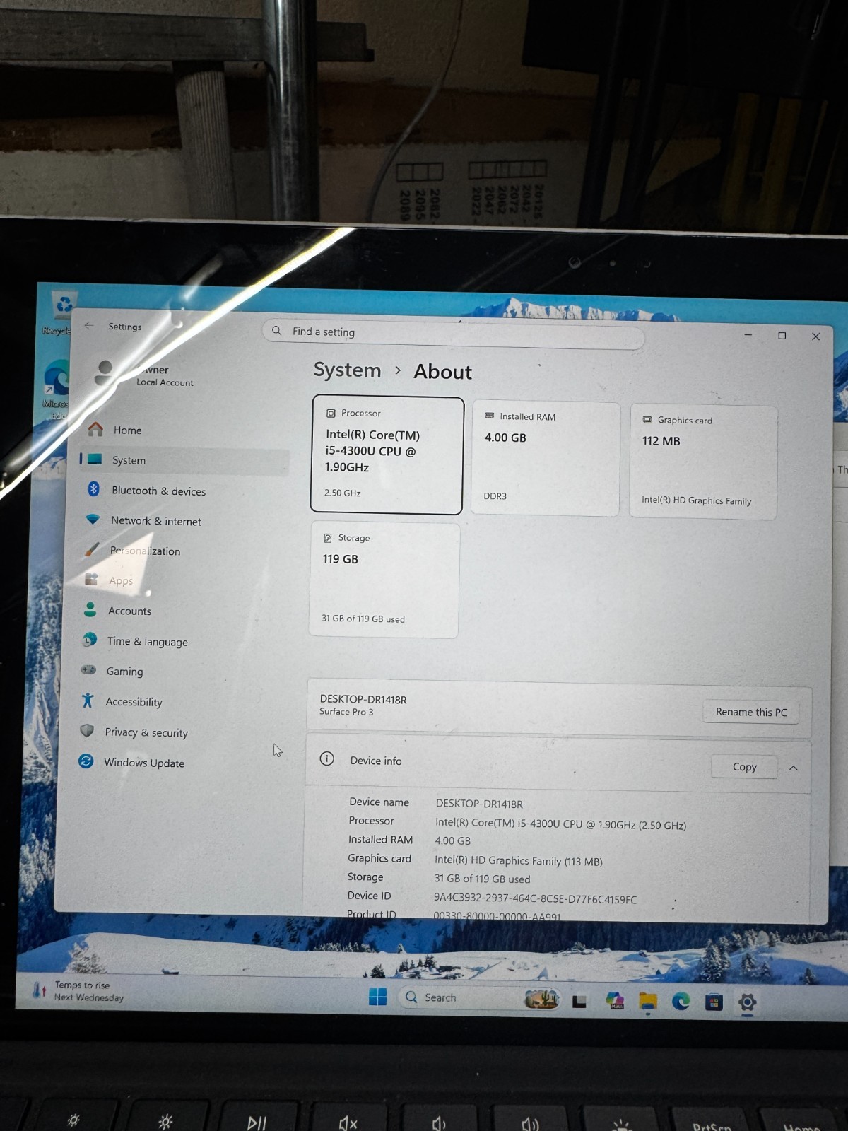 Microsoft Surface Pro 3 Core I5-4300U 4GB RAM 128GB SSD Laptop #6570