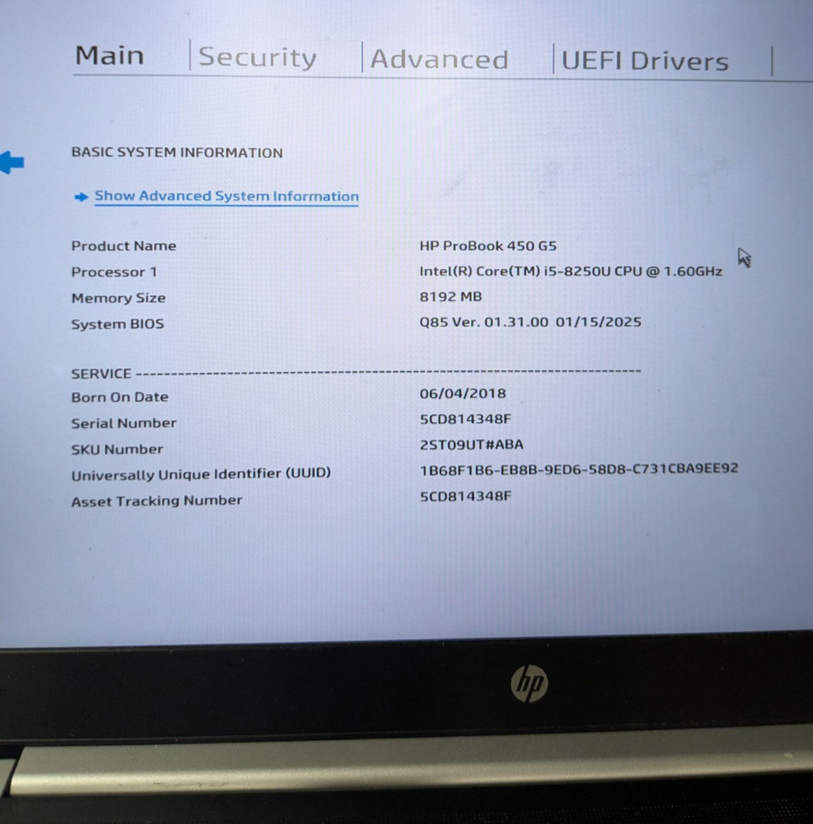 HP ProBook 450 G5 15.6″ Intel i5-8250U 1.60GHz 8GB 256GB Win11 Pro 5CD814348F
