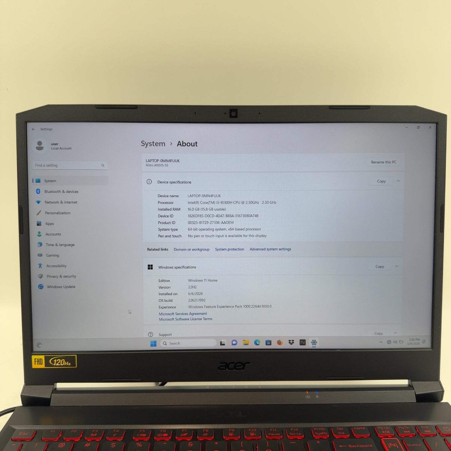 Broken Acer Nitro 5 i5-10300H 16GB RAM 512GB SSD GeForce GTX 1650 Ti READ
