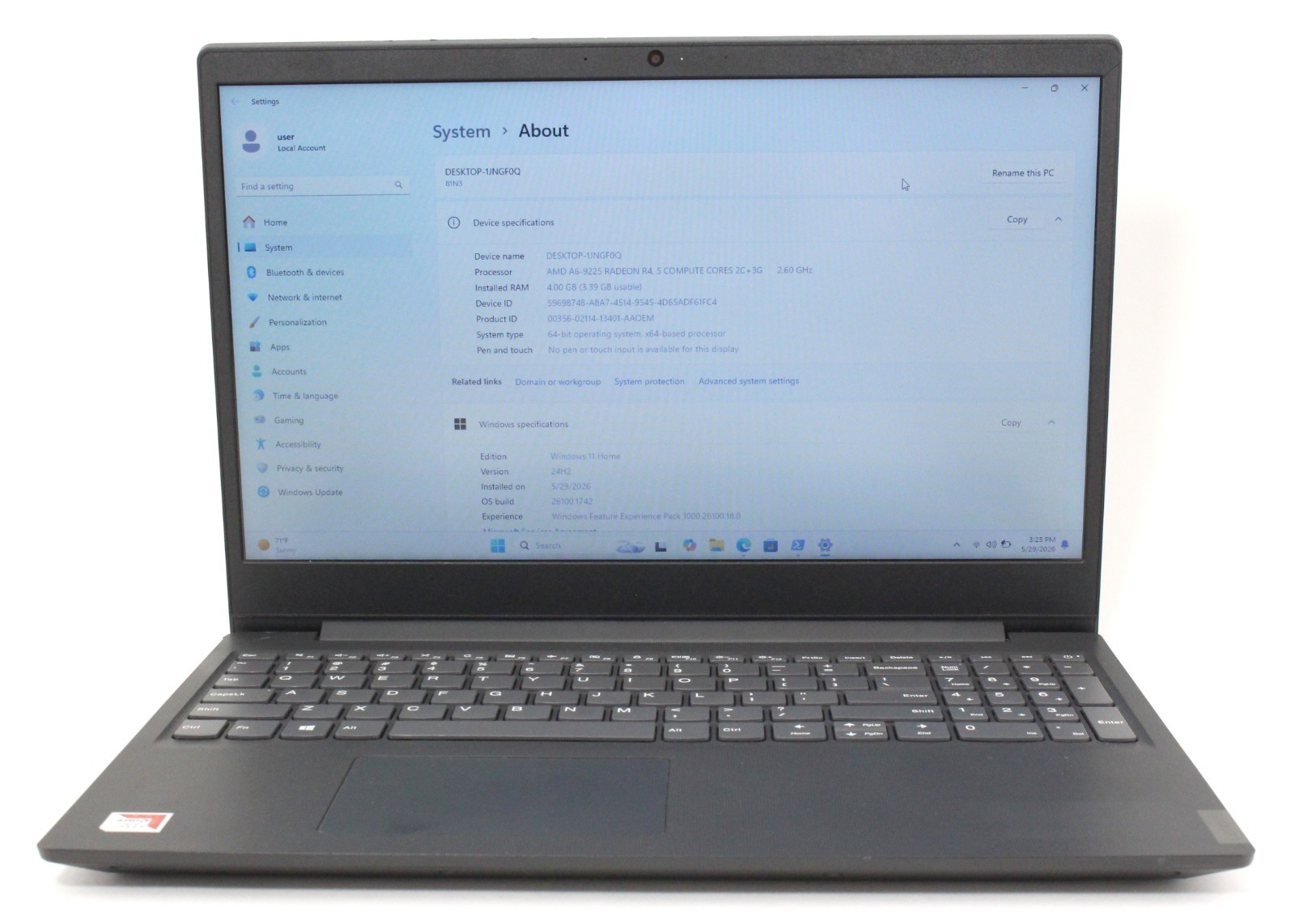 LENOVO IDEAPAD S145-15AST 15.6″ 2.6GHz AMD A6-9225 1TB HDD 4GB RAM ; 6181893