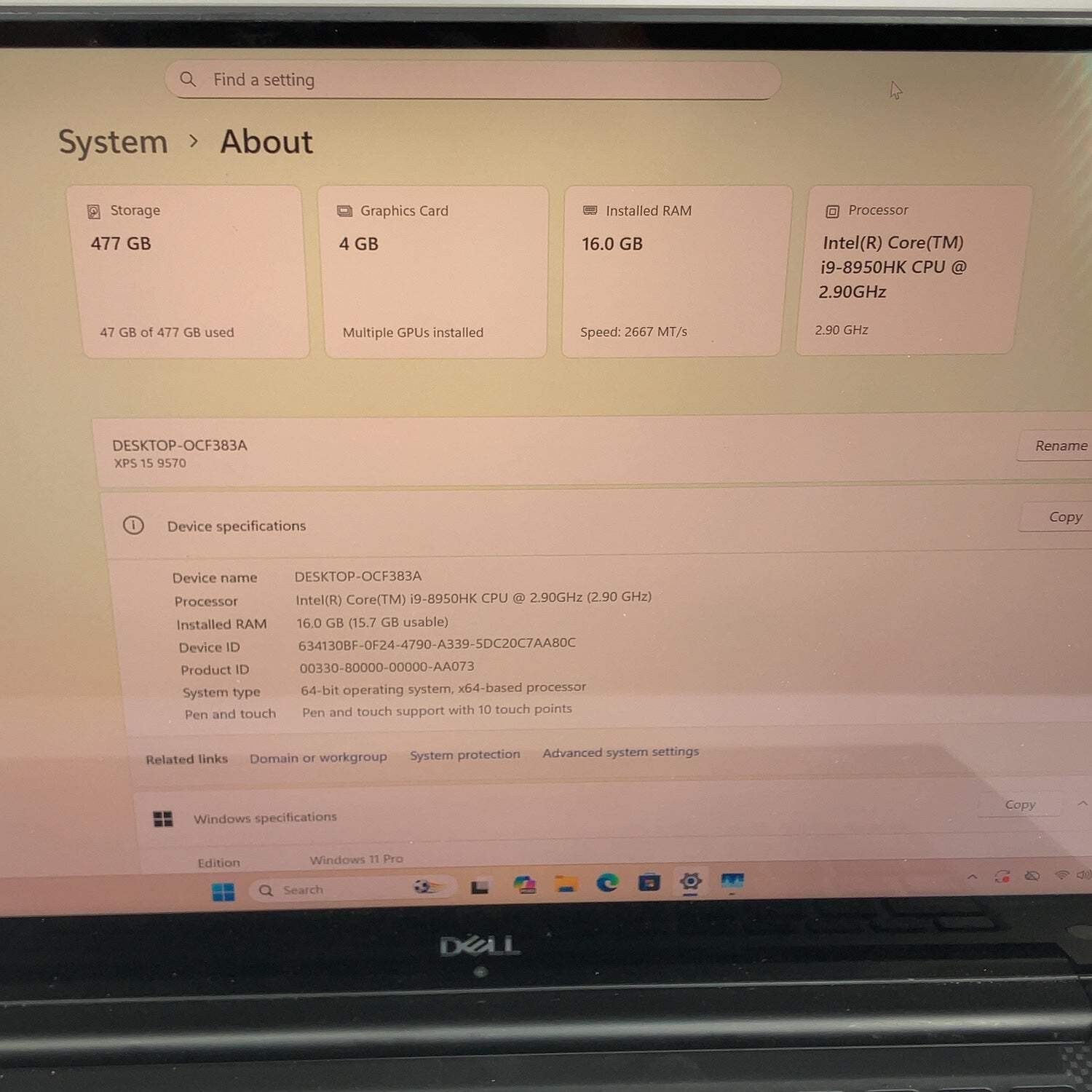 Dell XPS 9570 15.6″ i9-8950HK 2.9GHz 16GB RAM 512GB SSD GeForce GTX 1050 Ti