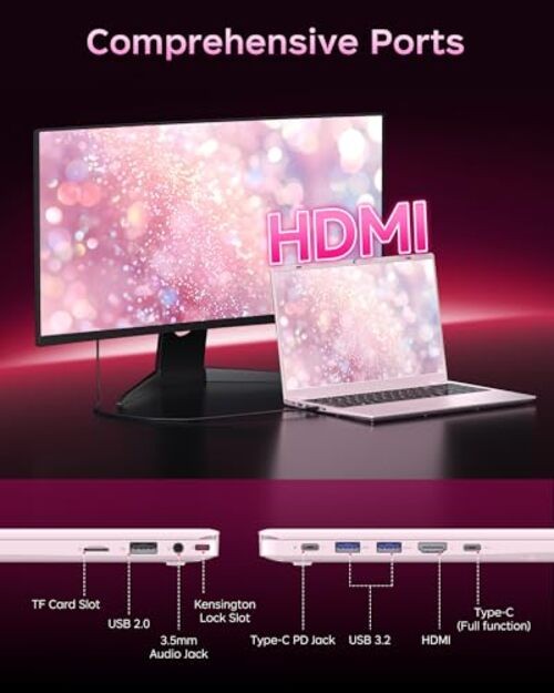 Pink Laptop, 16GB RAM 512GB SSD Laptops with Pentium Gold 6500Y (Up to