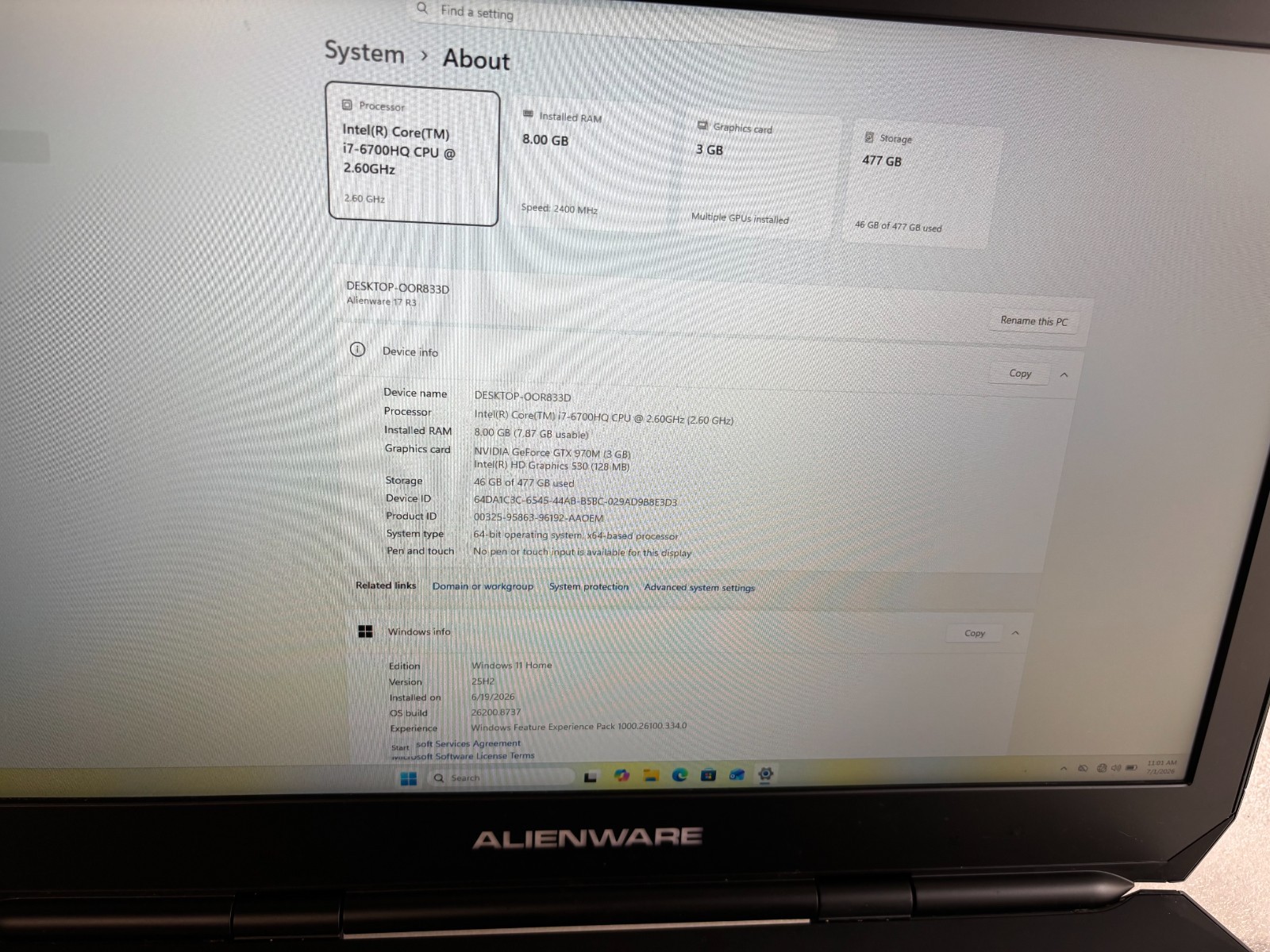 ALIENWARE 17 R3 GAMING i7-6700HQ 2.6GHZ RAM 8GB SSD 512GB NVIDIA GTX 970M