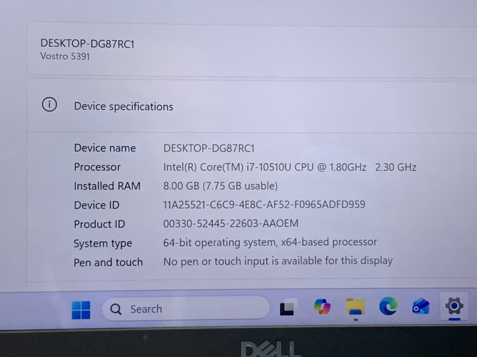 DELL VOSTRO 5391 i7-10510U@ 1.80GHz 8GB RAM 256GB NVMe W11P WAC *READ