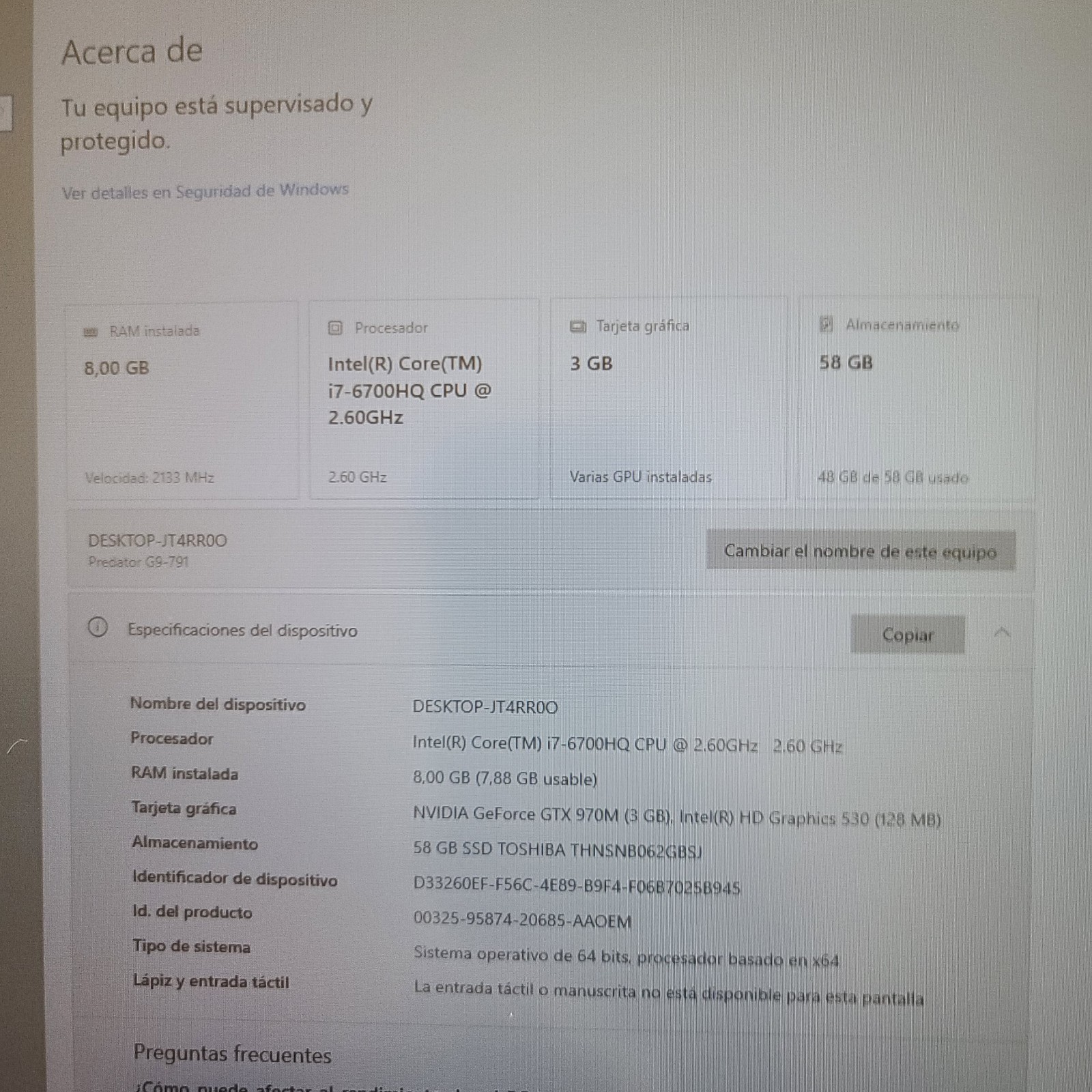PREDATOR G9-791 GAMING LAPTOP CORE i7-6700HQ 8GB RAM GTX 970M 62GB SSD