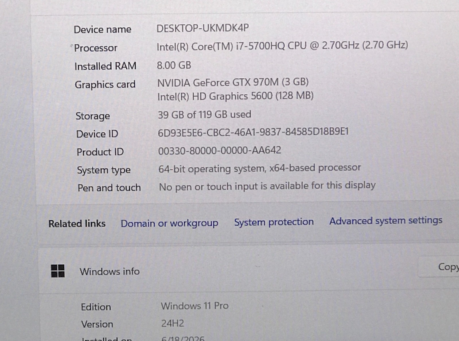 GIGABYTE P55V4 i7-5700HQ@2.70GHz 8GB RAM 128GB SSD W11P GEFORCE GTX 970M *READ