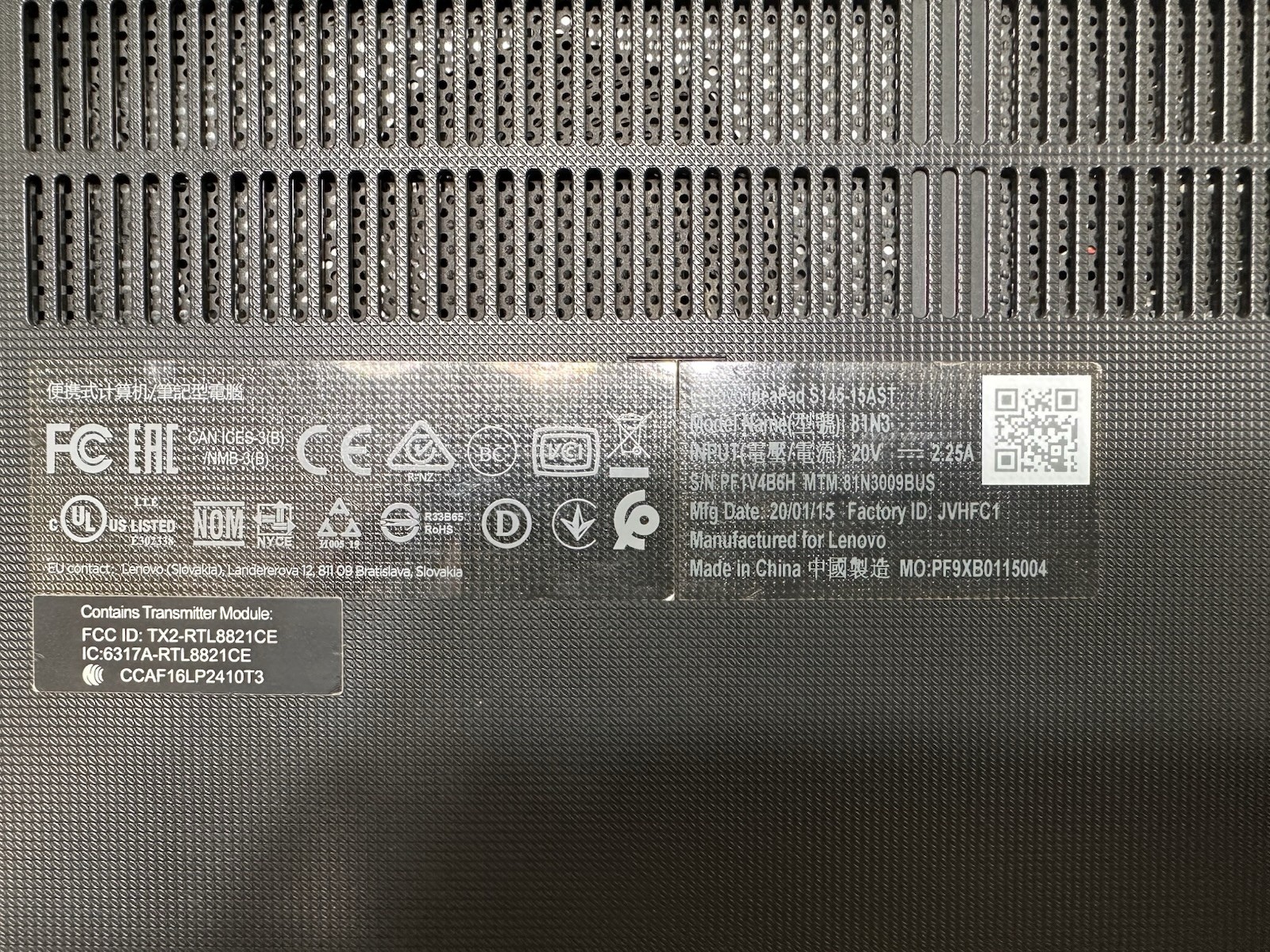 Lenovo IdeaPad S145-15AST S/N PF1V4B6H MTM81N3009BUS MFG Date 01/15/2020 15”
