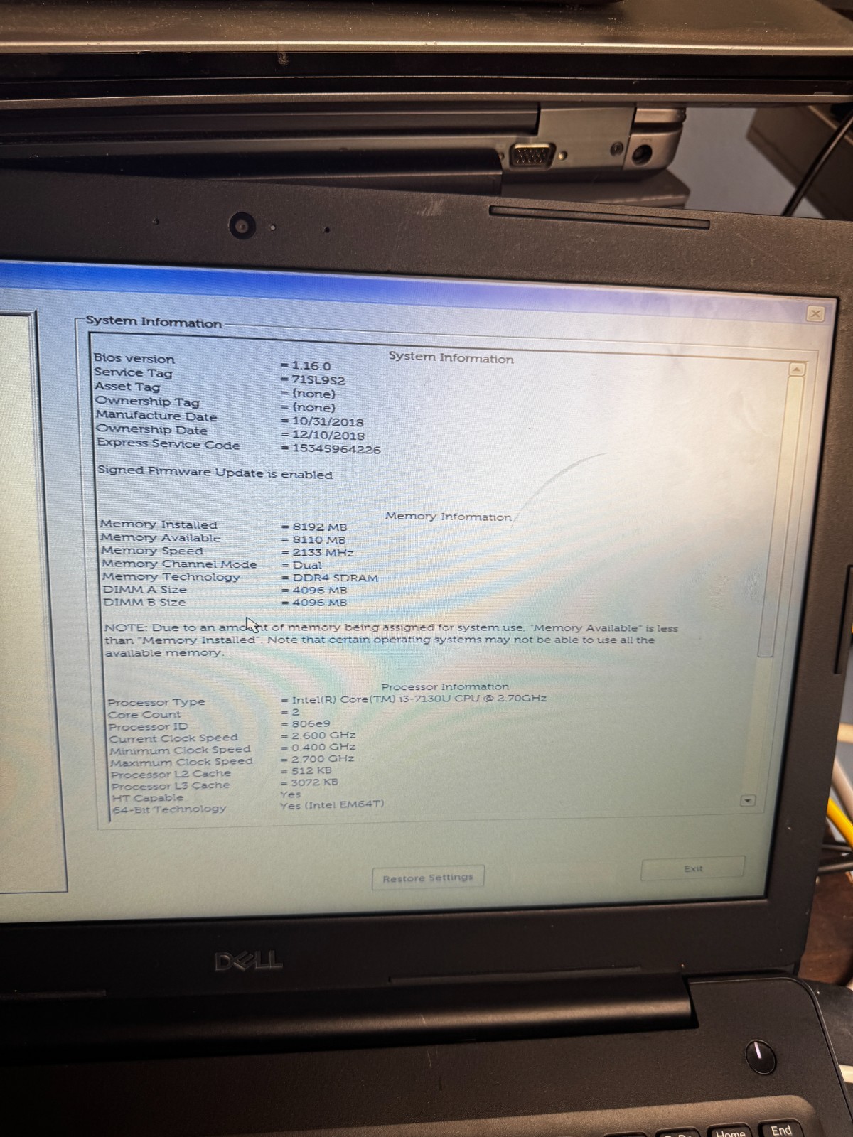 Dell Latitude 3590 Core i3-7130U, 8GB RAM, 15.6″ Laptop *READ #6137