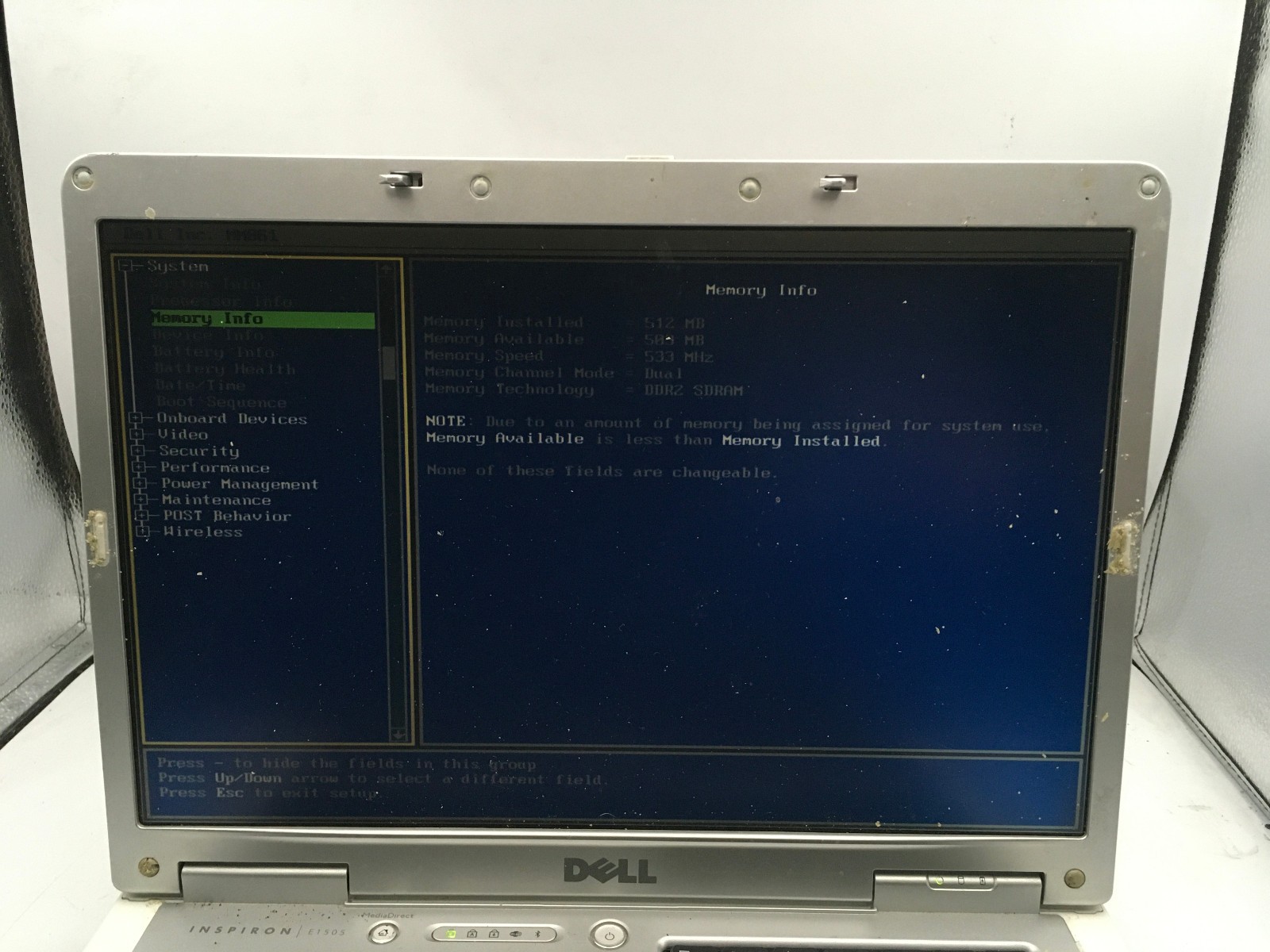 DELL INSPIRON E1505 – BOOTS TO BIOS – INTEL CORE DUO – 512MB RAM – 15″ -READ- BB