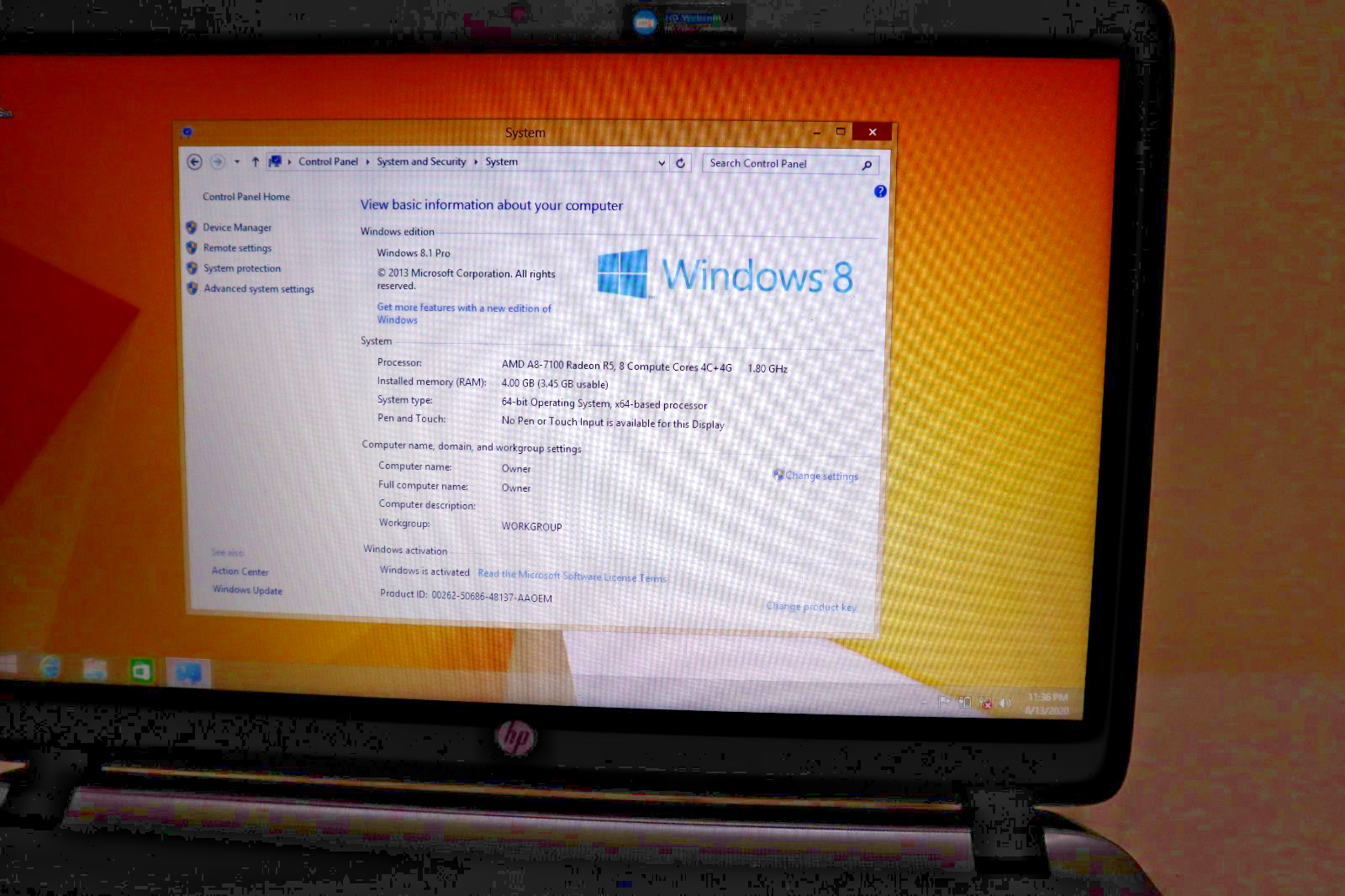HP ProBook 455 G2 15.6″ Laptop AMD A8-7100 CPU Radeon R5.8 4GB RAM 500GB HD