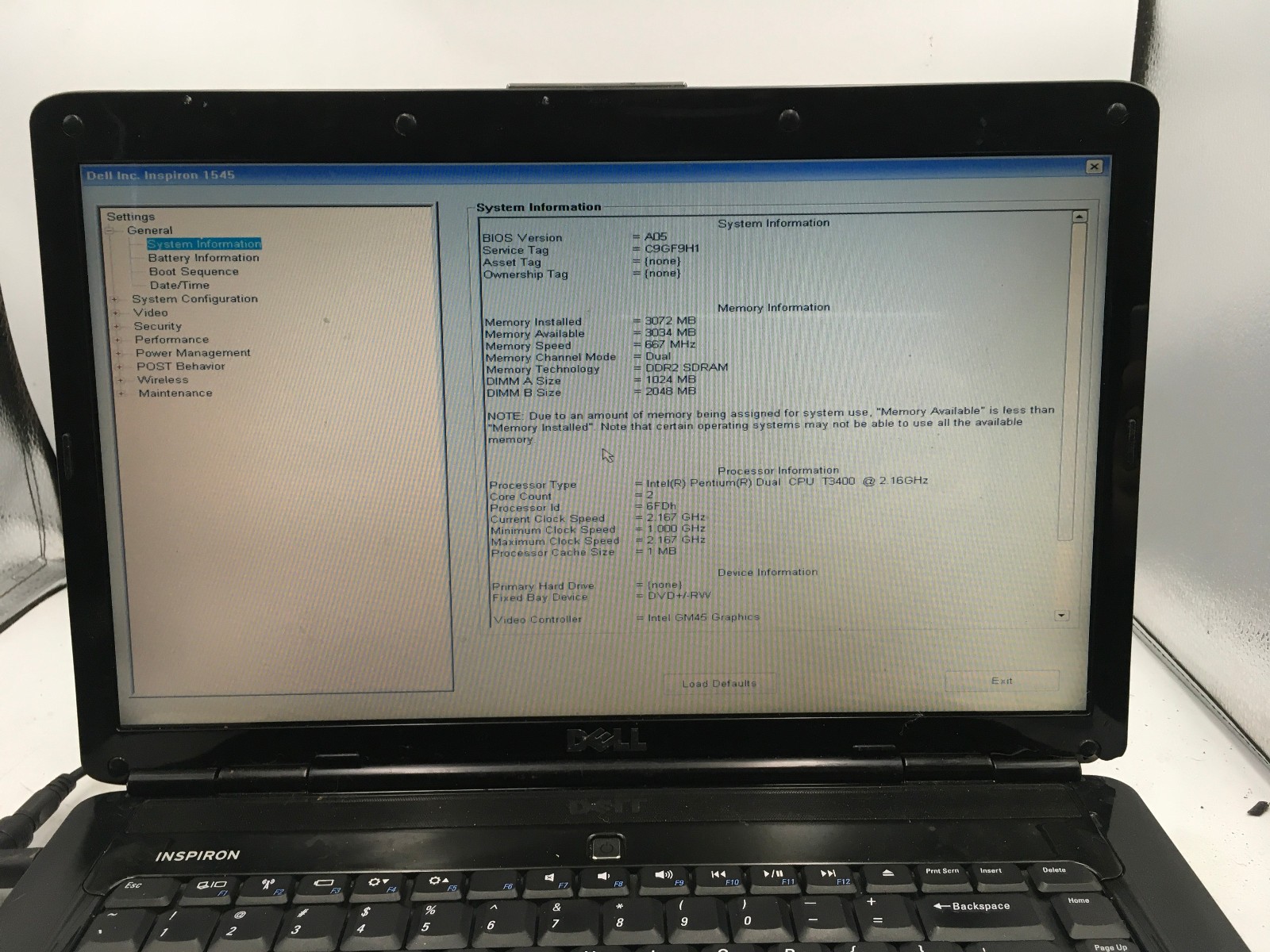 DELL INSPIRON 1545 – BOOTS TO BIOS – INTEL PENTIUM T3400 – 3GB RAM -READ DESC-BB