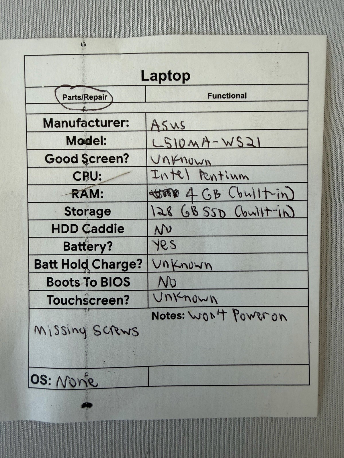 Asus L510MA-WS21 Laptop – Intel Pentium – RAM 4GB(built in) Read Des