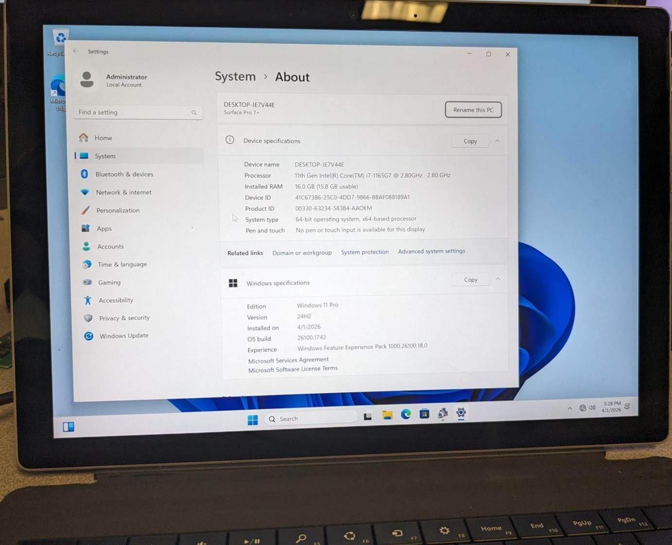 MICROSOFT SURFACE PRO 7+ (1960) i7-1165G7 @ 2.80GHz, 16GB RAM, NO HDD/OS