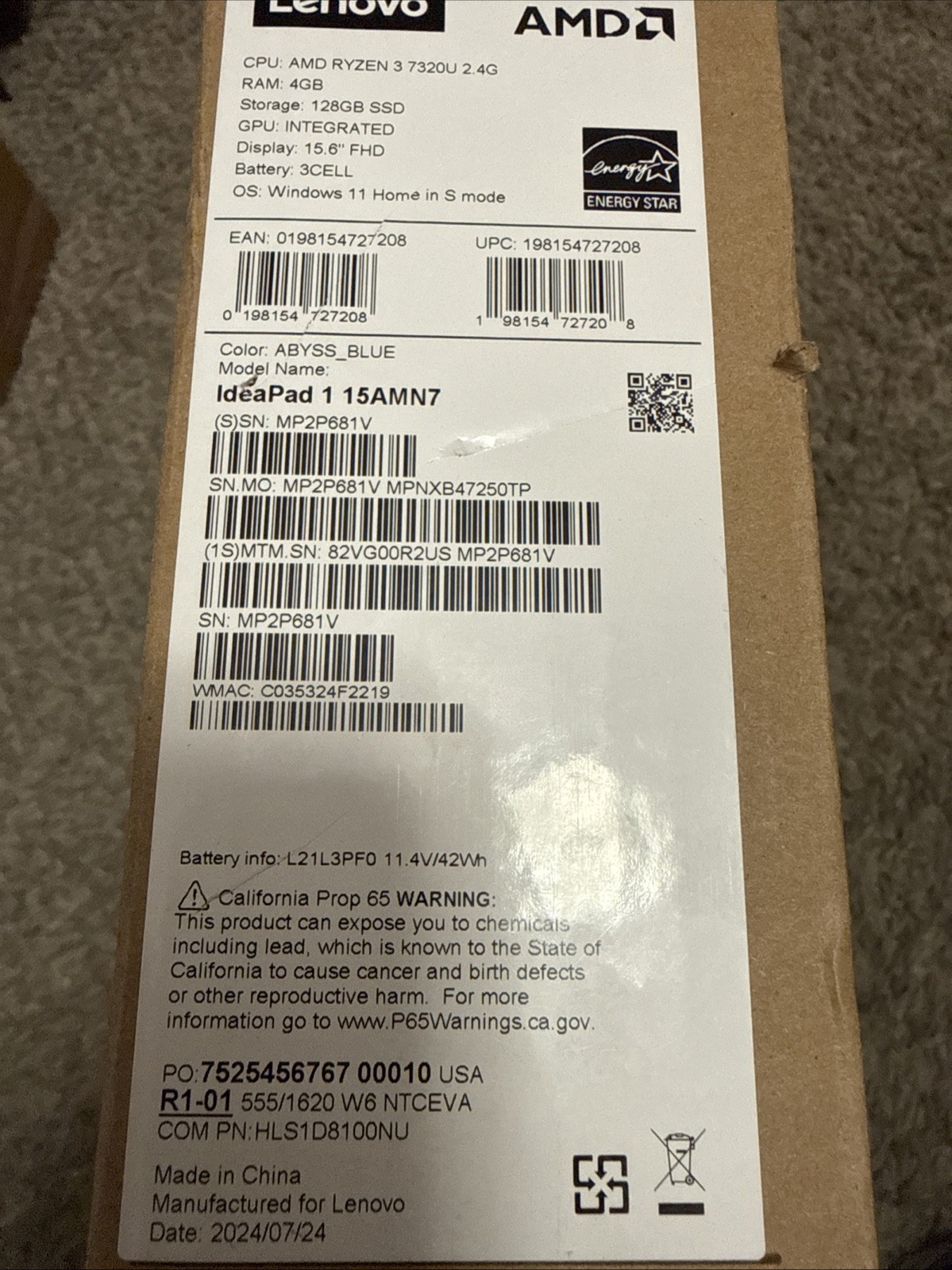New Lenovo IdeaPad 1 15.6″ FHD Laptop – AMD Ryzen 3, 4GB, 128GB SSD – Abyss Blue