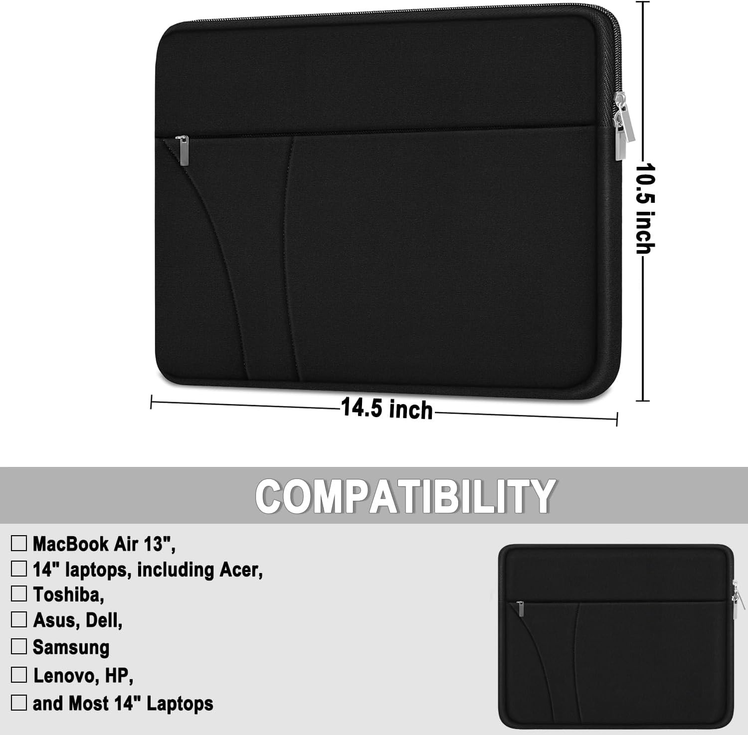 Slim 14-Inch Laptop Sleeve Case with Zipper Pocket, Shockproof Bag for MacBook A