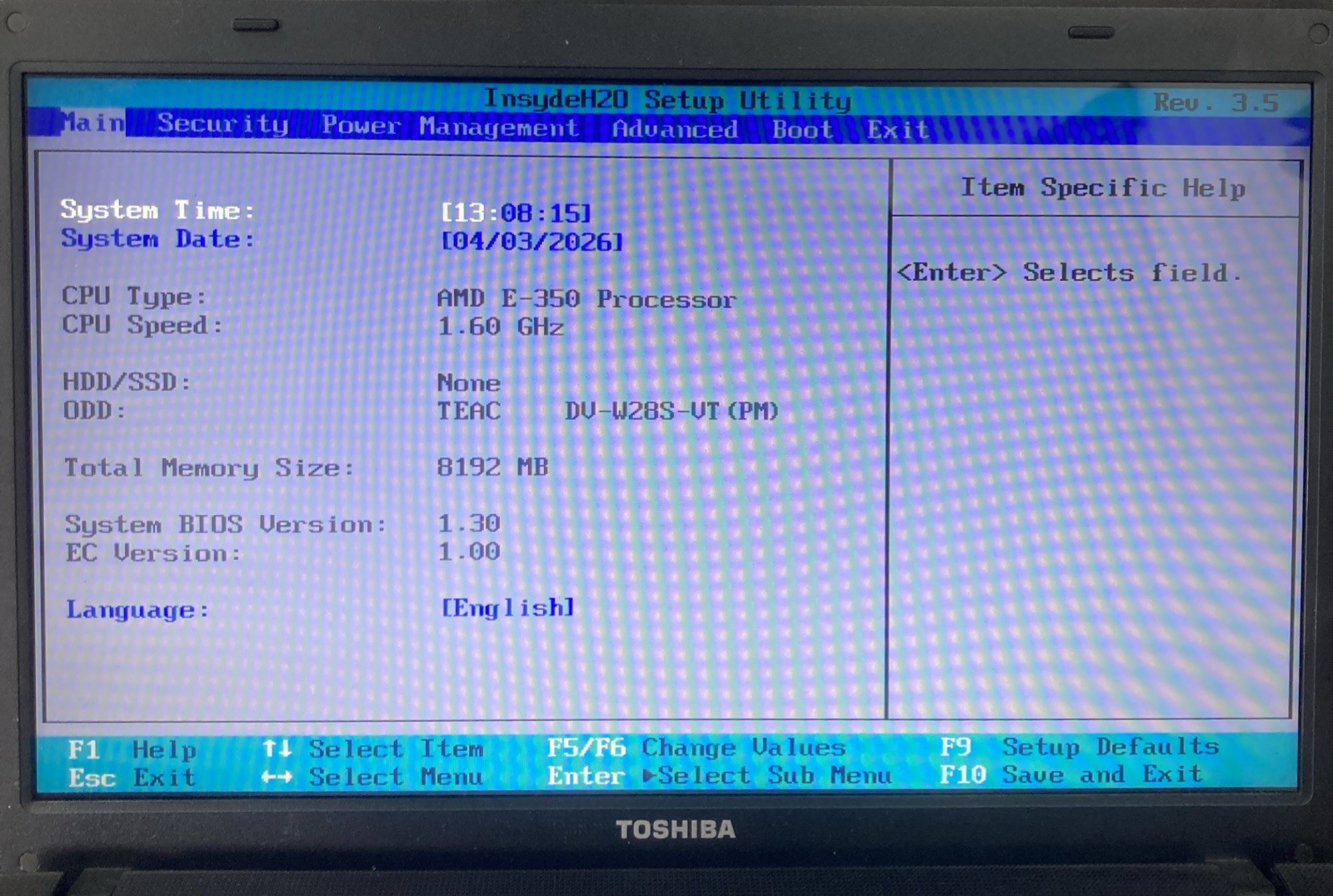 Toshiba Satellite C655D-S5139 AMD E-350 1.6GHz no RAM NO HDD Boot to BIOS