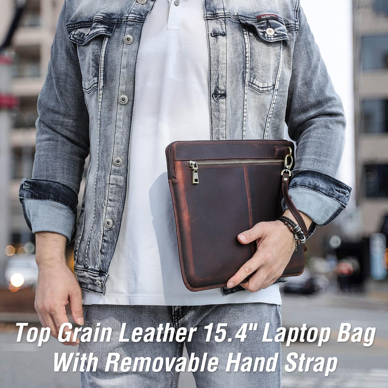 Top Grain Leather 15.4″ Slim Laptop Sleeve Case Bag, Vintage Design with 2 Zip P