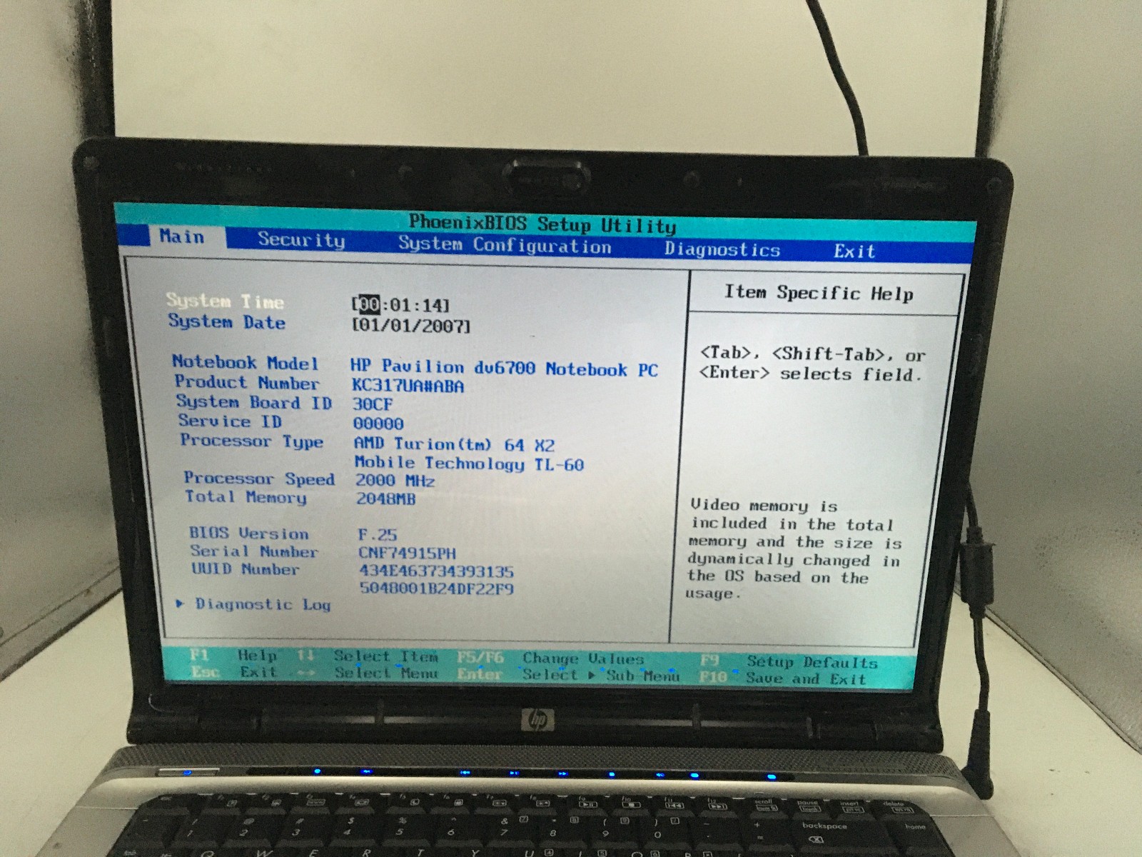 HP PAVILION DV6700 – BOOTS TO BIOS – AMD TURION 64 X2 – 2GB RAM – READ DESC – BB