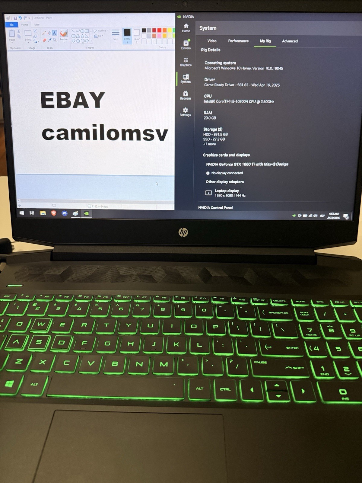 HP Pavilion Gaming 1660ti, 20GB RAM, 144HZ, M2 512 GB, Disk 1TB, Intel i5 10300H
