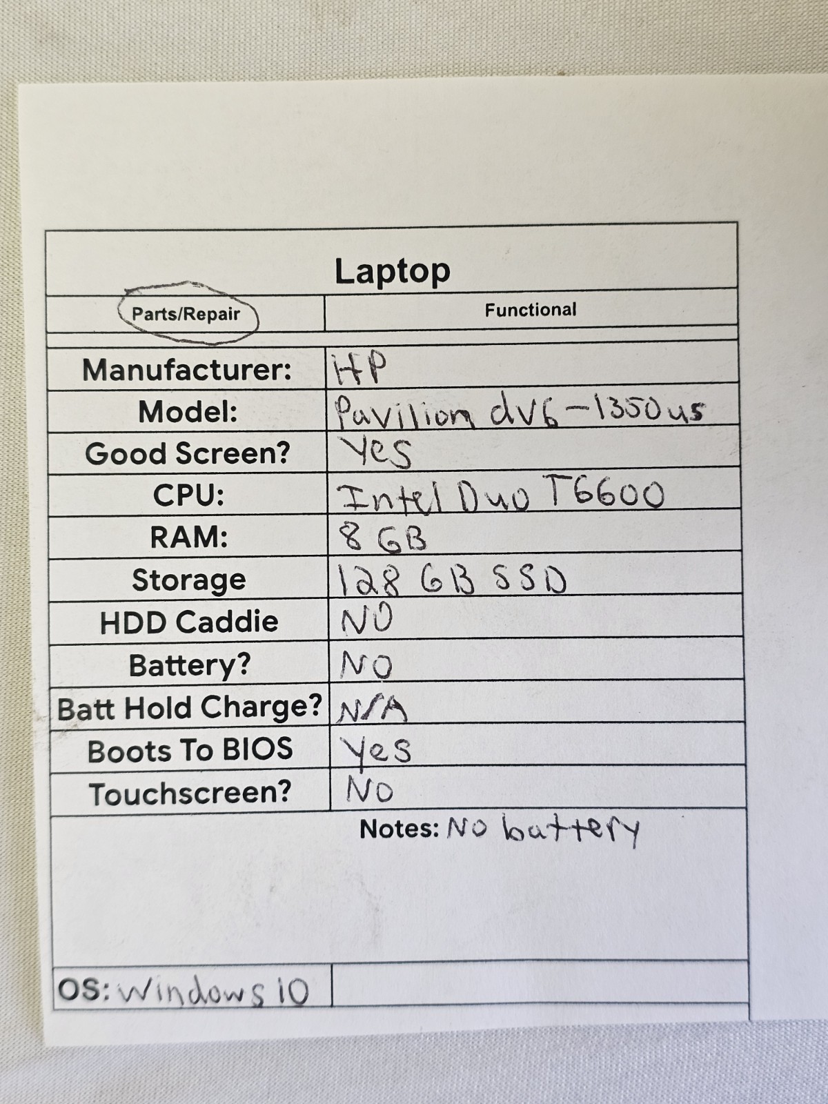 HP Pavilion dv6-1350us Laptop – Intel Duo T6600 – 8GB RAM – 128GB NO BATT Win 10
