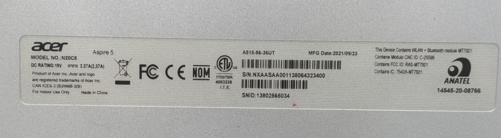 Acer A515-56-36UT Aspire 5 i3-1115G4 No RAM, No SSD – PARTS