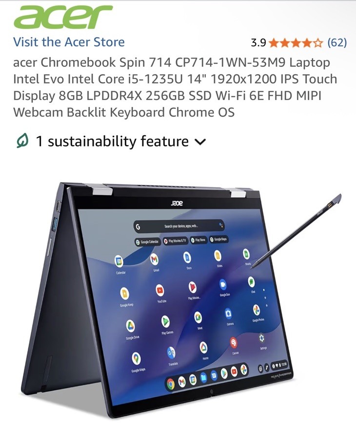 Acer Chromebook Spin 713 Intel Core I5-1135G7 2.40GHz, 256GB, 8GB RAM, Chrome OS