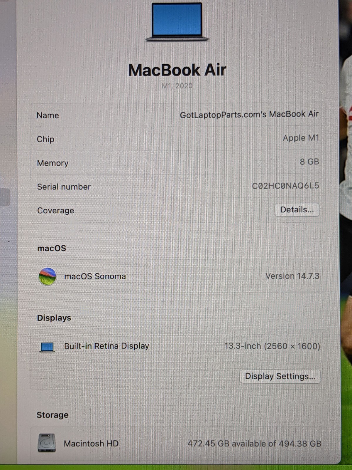 Apple MacBook Air A2337 (2020) 13″ M1 8CPU/8GPU 8GB 512GB Sonoma MGN73LL/A +PA