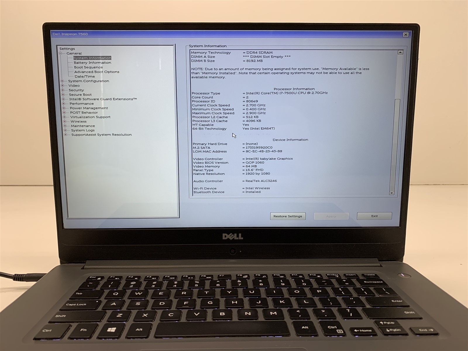 Dell Inspiron 15 7560 15.6in i7-7500 2.70GHz 8GB RAM 256GB SSD