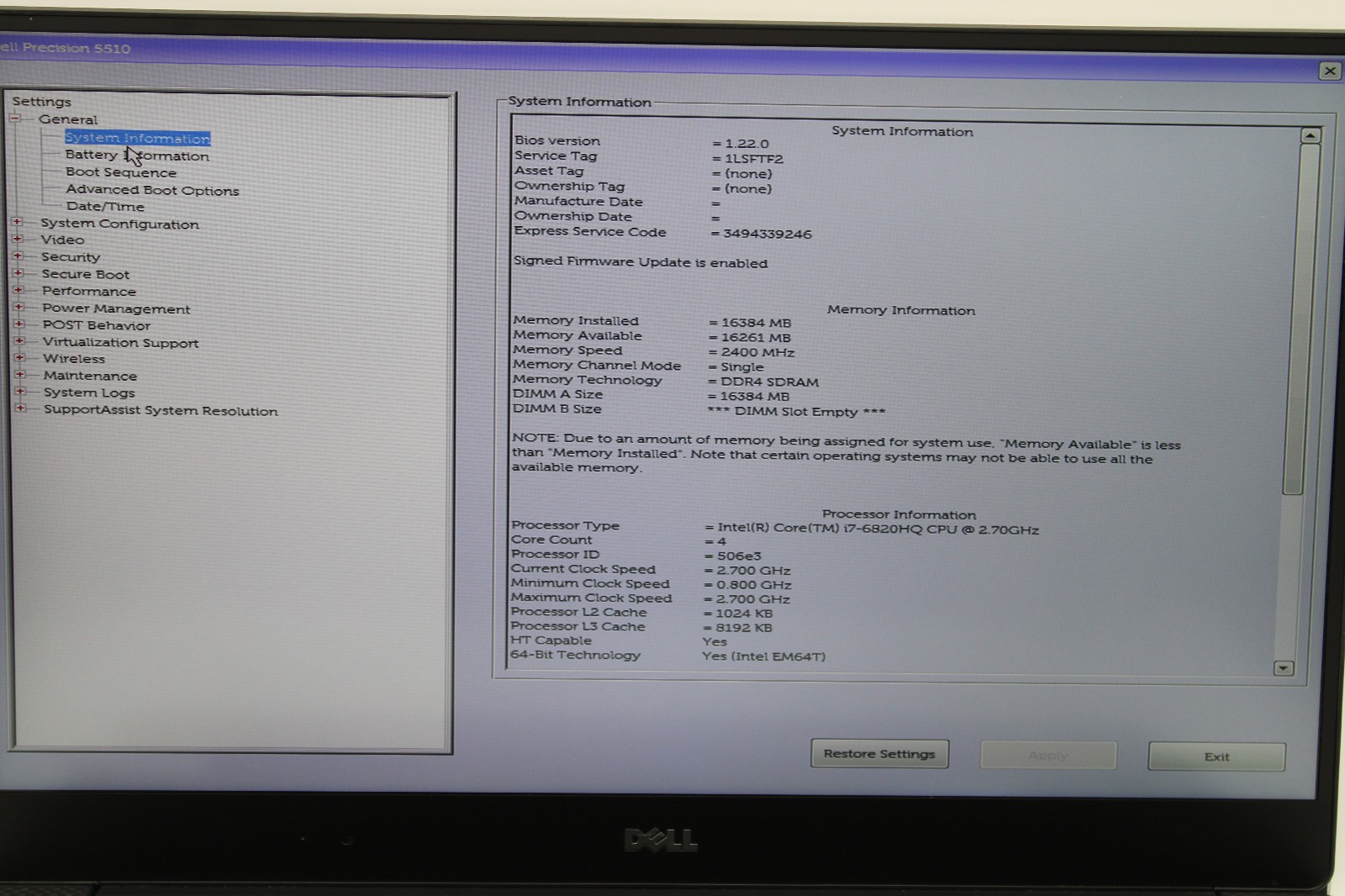 Dell Precision 5510 i7-6820HQ @ 2.7 GHz 16GB RAM 256GB SSD NVIDIA M1000M No OS
