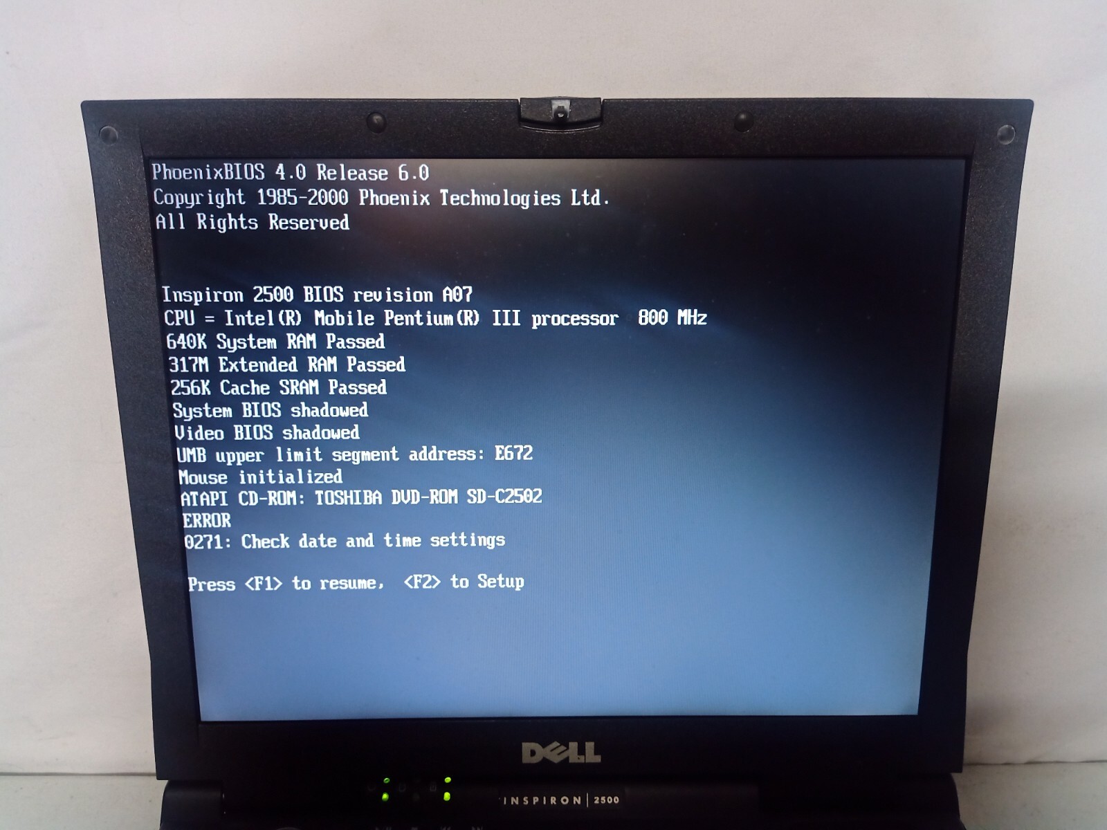Dell Inspiron 2500 Laptop Intel Pentium III 318MB RAM No HDD No OS w/Power