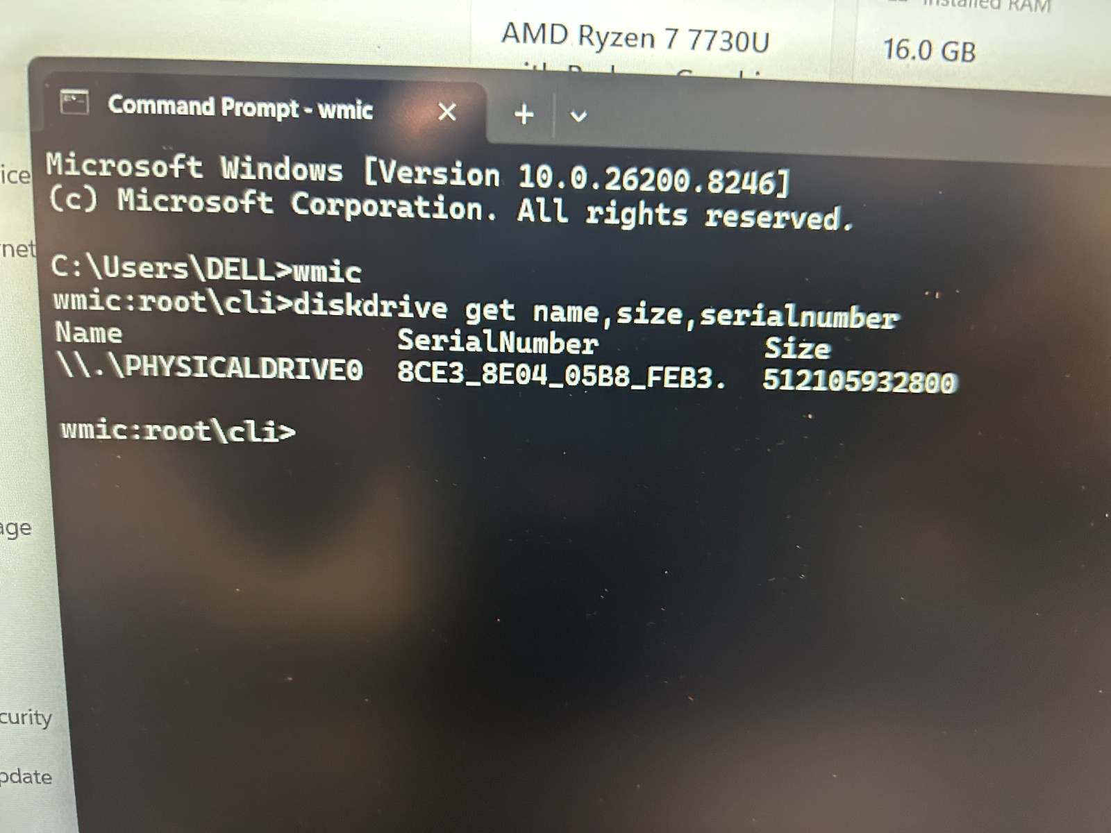 DELL 15 DC15255 G8MK9, AMD Ryzen 7 7730U, 2.00 GHz, 16 GB RAM, 512 GB NVMe