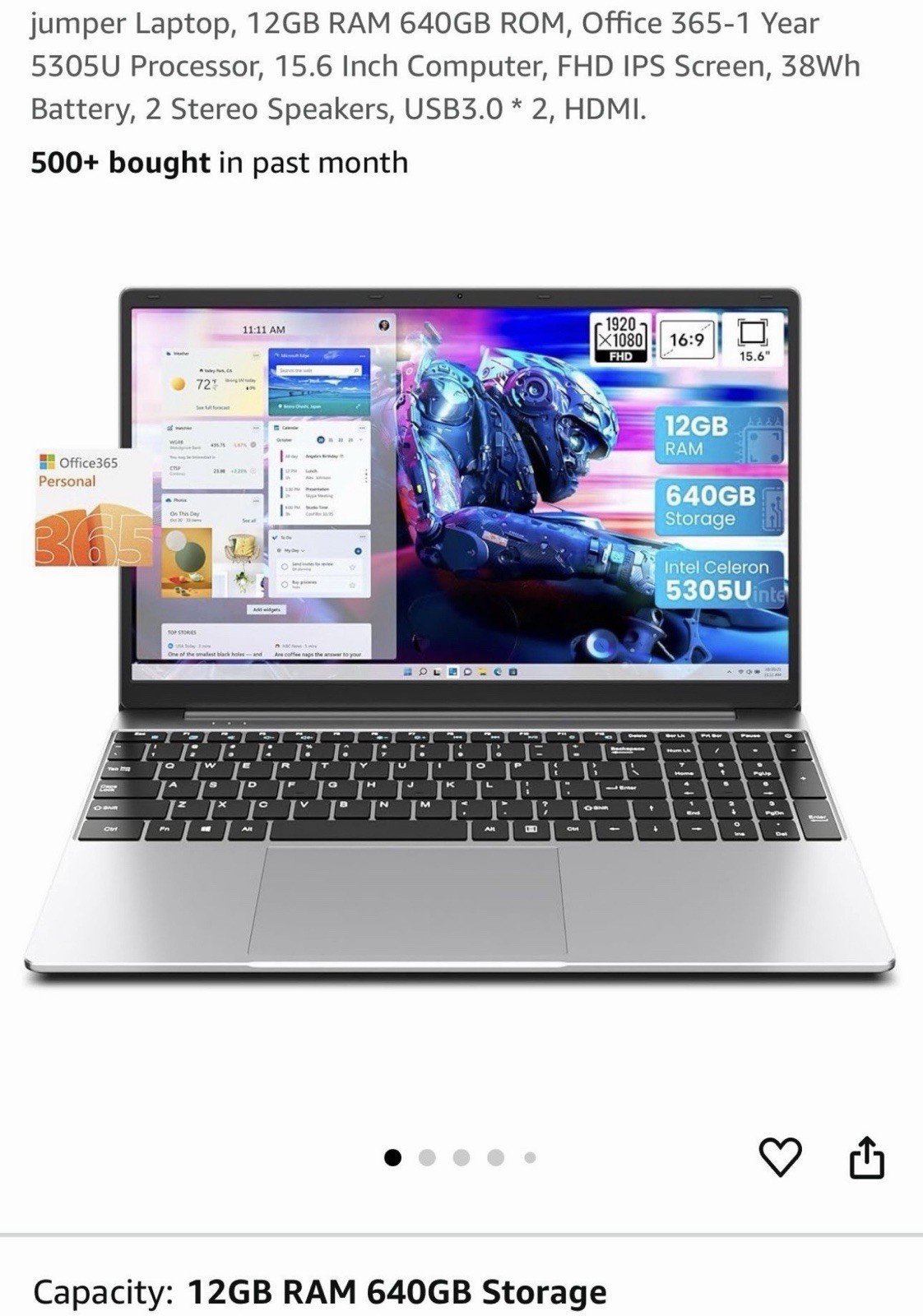 jumper Laptop, 12GB RAM 640GB ROM, Office 365-1 Year 5305U Processor, 15.6 Inch.