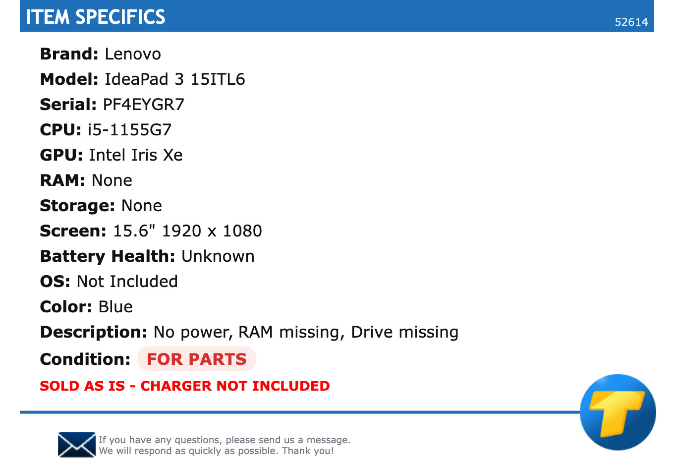 FOR PARTS: Lenovo IdeaPad 3 15ITL6 – 15.6″ FHD, i5, NO RAM, NO SSD