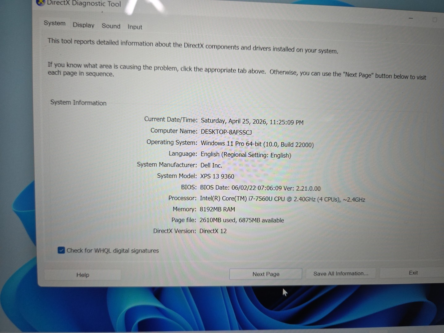 Dell XPS 13 9360 i7-8550U @ 2.40 GHz 8GB 256GB SSD. Touchscreen