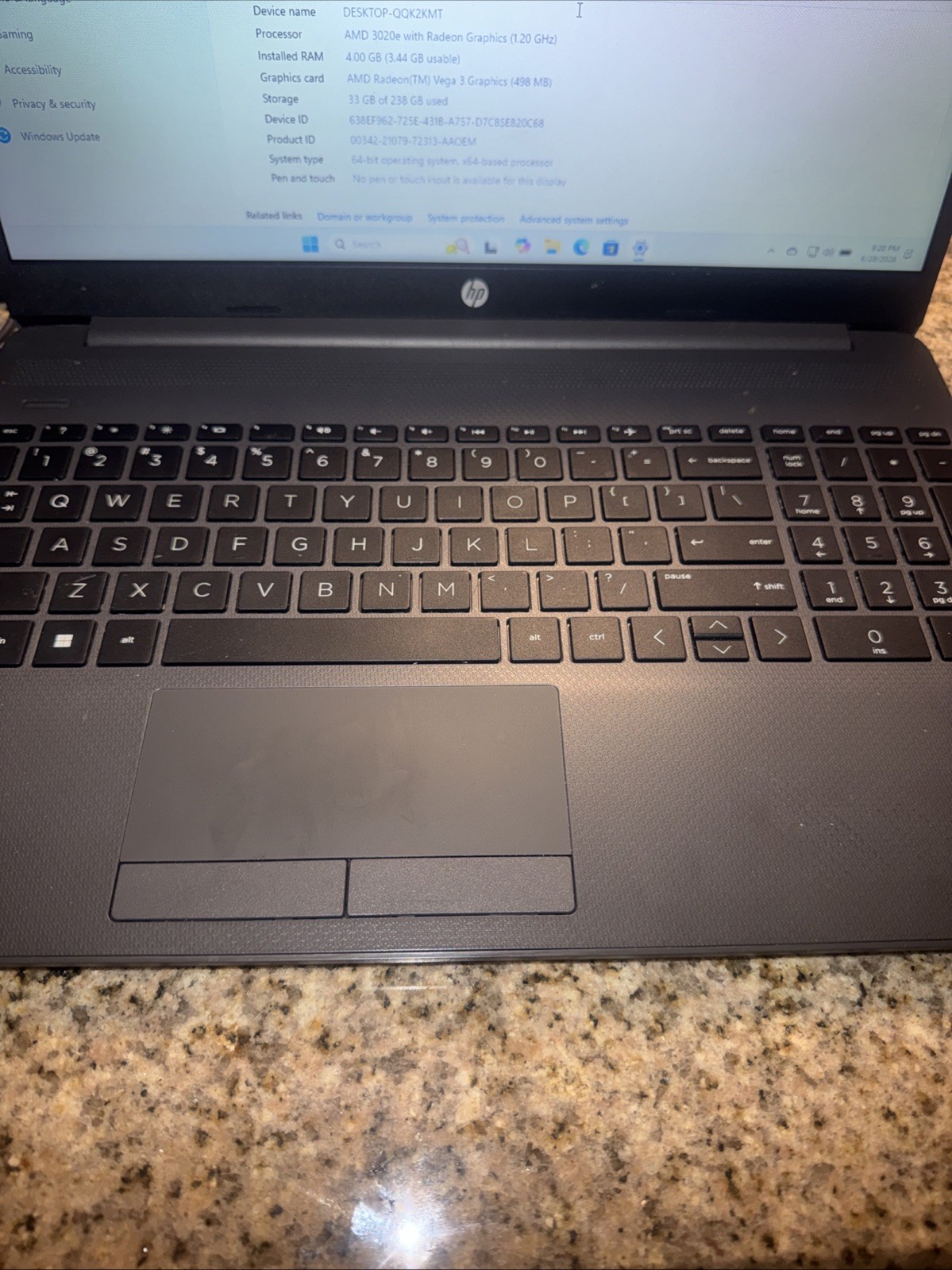 HP 255 G8 Laptop – AMD 3020e Radeon Graphics – 4GB RAM – 128GB SSD