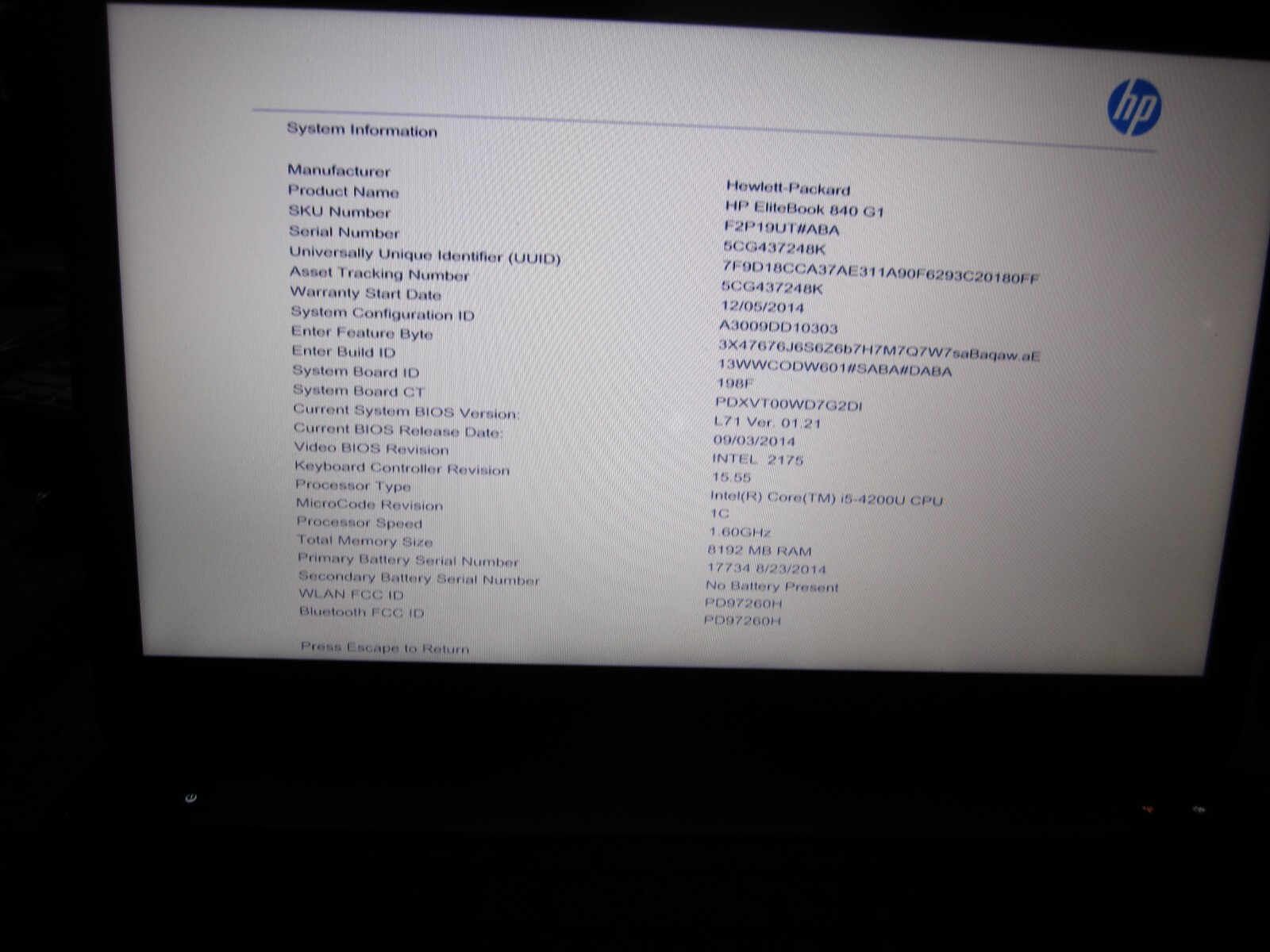 HP EliteBook 840 G1 Laptop Core i5 1.6 GHz 8GB RAM 180GB SSD Win 10 Pro