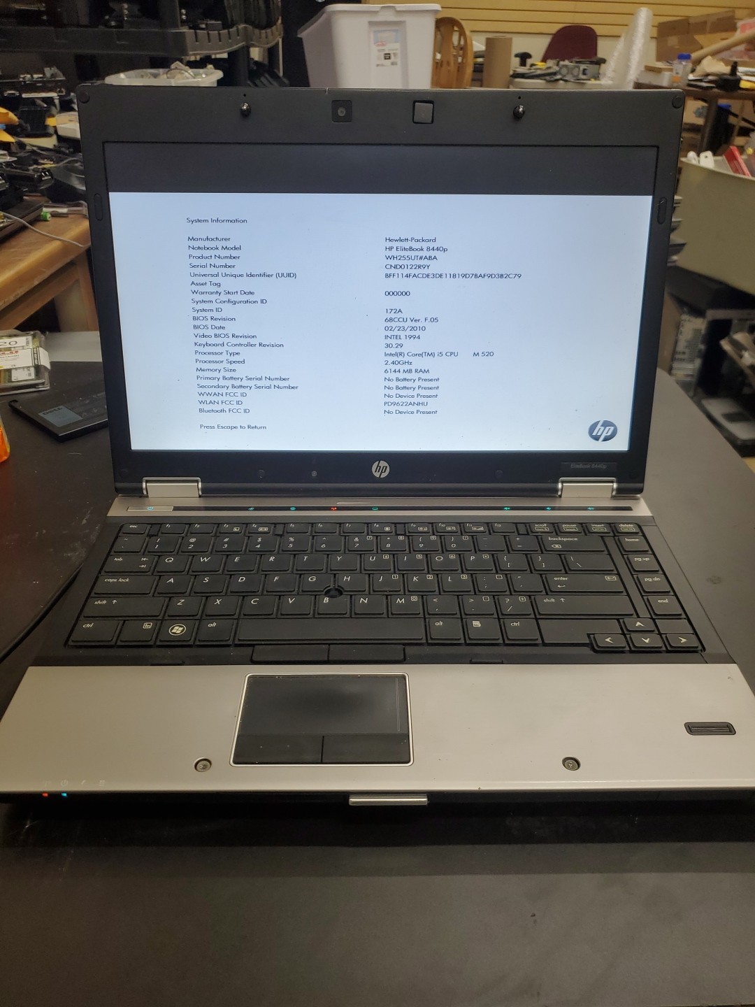 HP ELITEBOOK 8440P Laptop w/ INTEL CORE i5 M520 6gb RAM/No HDD 012626-13 No BATT