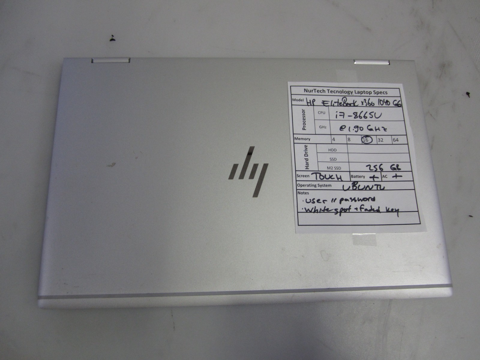 HP EliteBook X360 1040 G6 i78665U 1.90GHZ 16GB 256GBM2SSD Laptop UBUNTU +AC READ