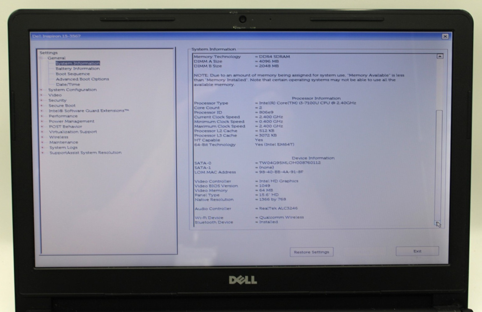 Dell Inspiron 15 i3-7100U@2.4GHz 6GB DDR4 256GB SATA SSD NO OS *USED/TESTED*