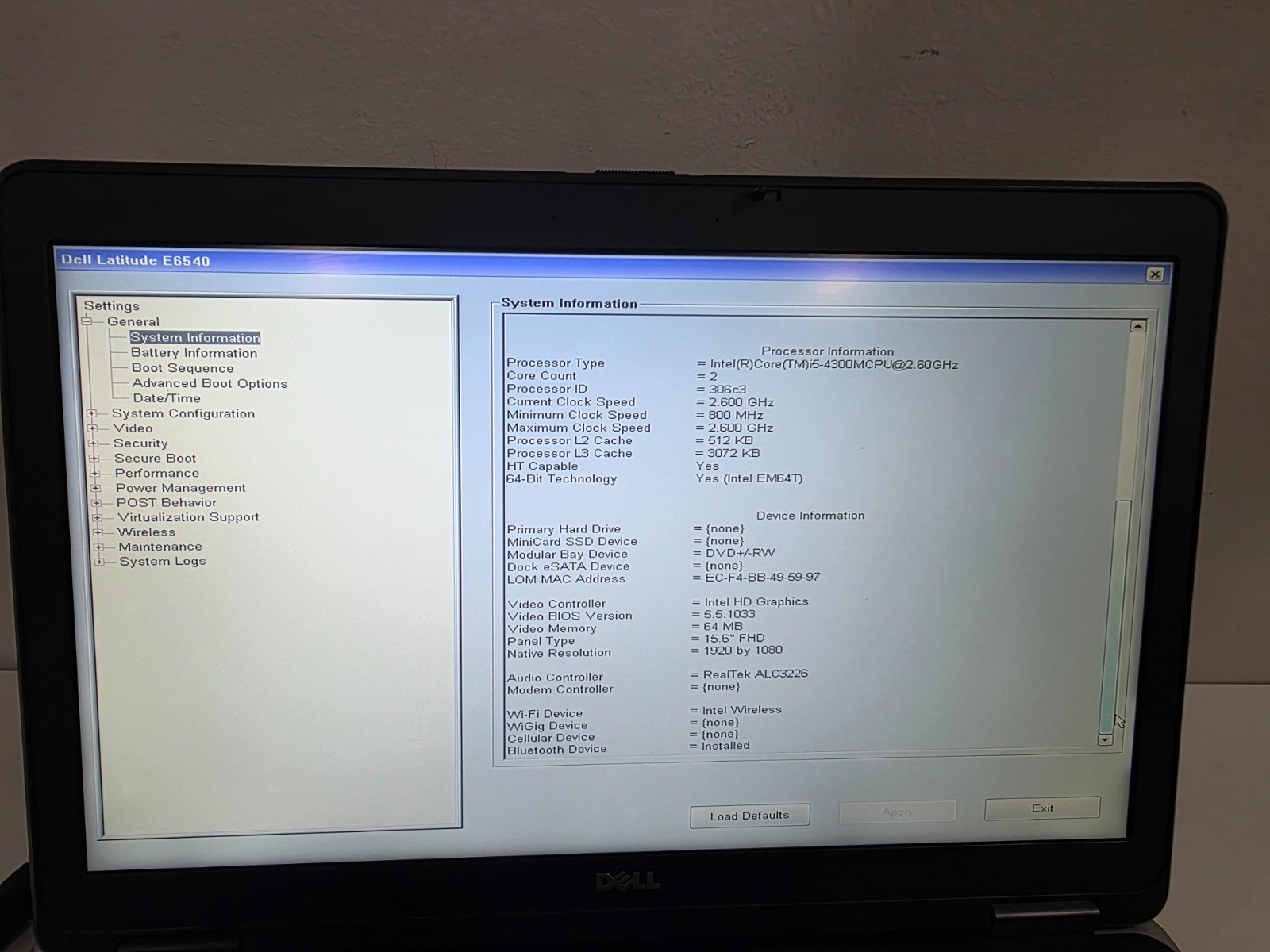 Dell Latitude E6540 Intel i5-4300M 8GB Bluetooth